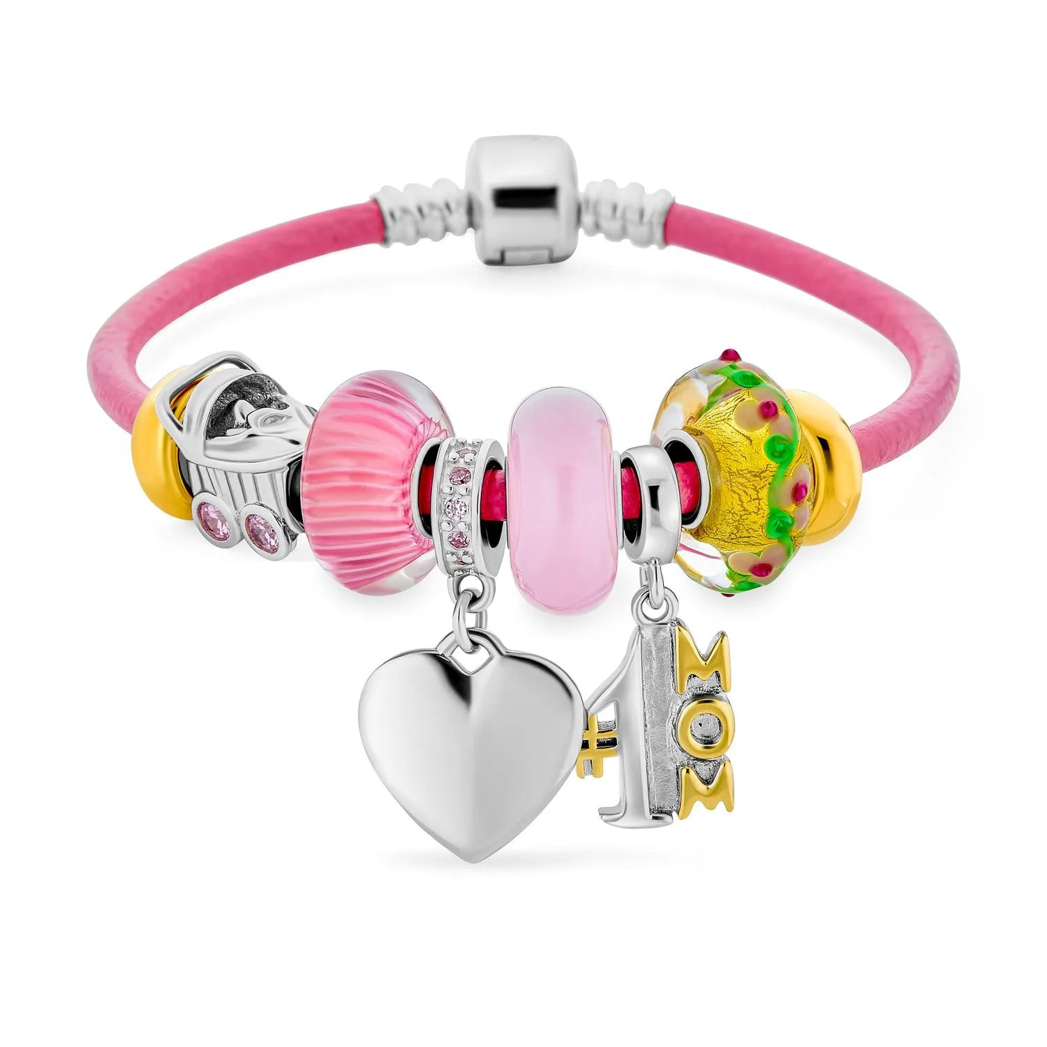 #1 Mother Love Heart Charm Pink Leather Bracelet .925Sterling Silver