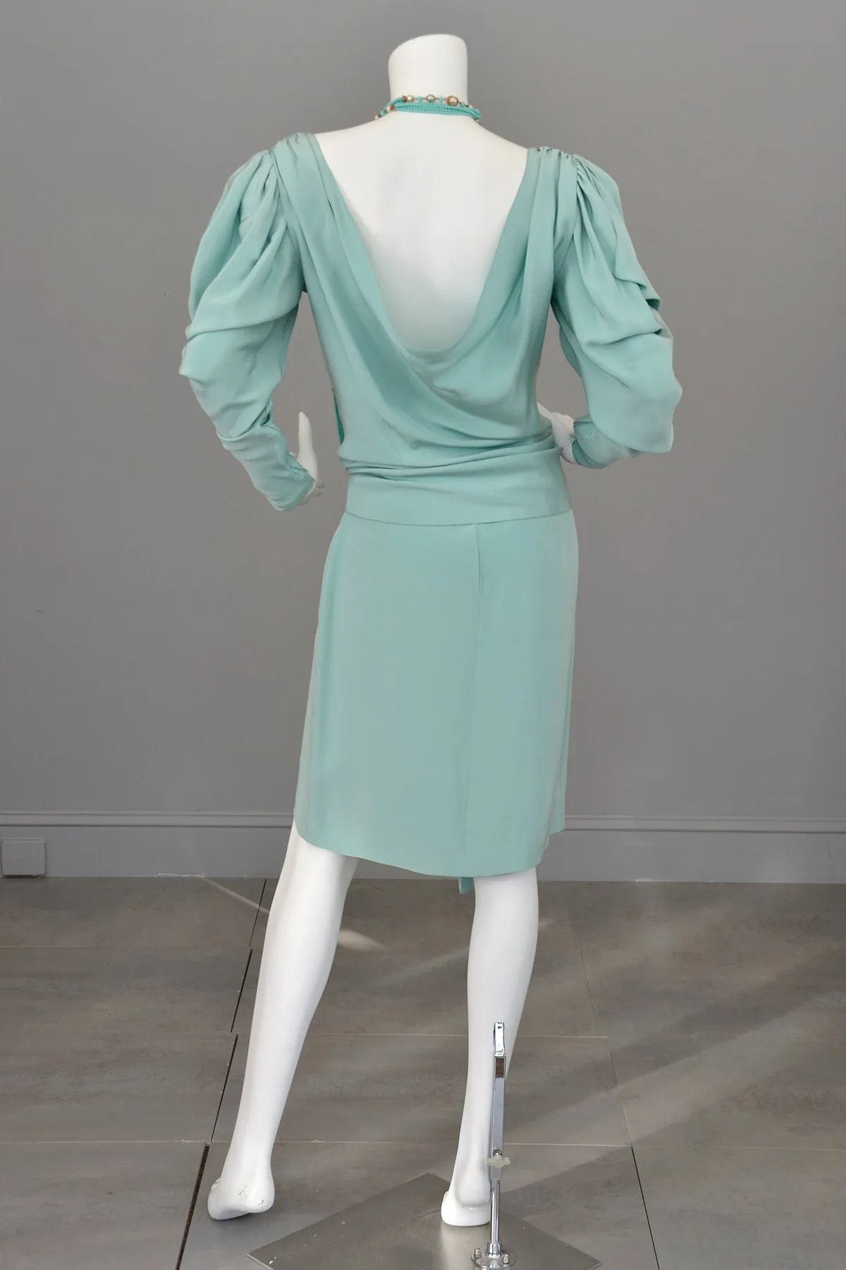 1980s Powder Aqua Blue Drape Back Open Shoulder Dramatic Disco Era Dress