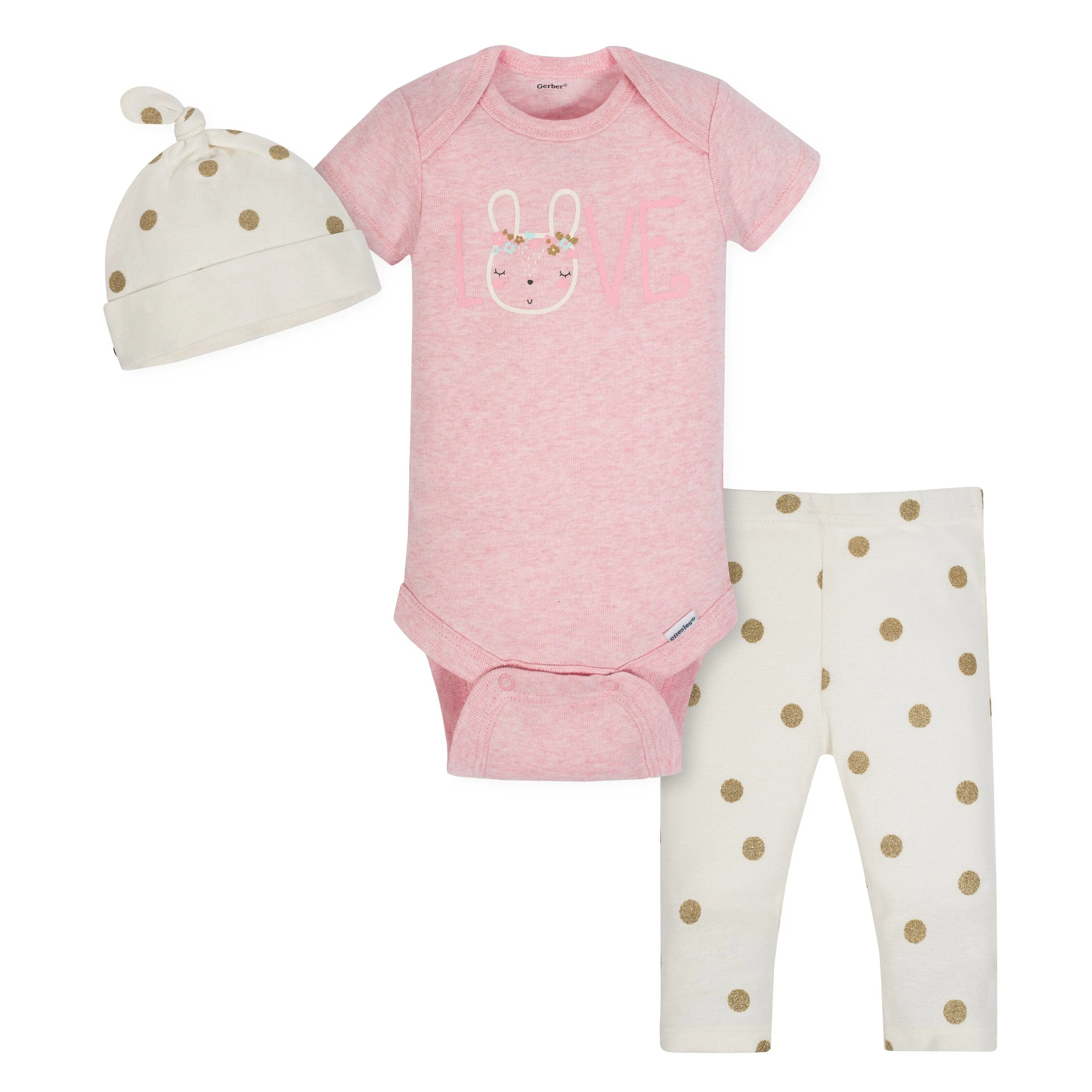 3-Piece Organic Baby Girls Rabbit Bodysuit, Pants & Cap Set