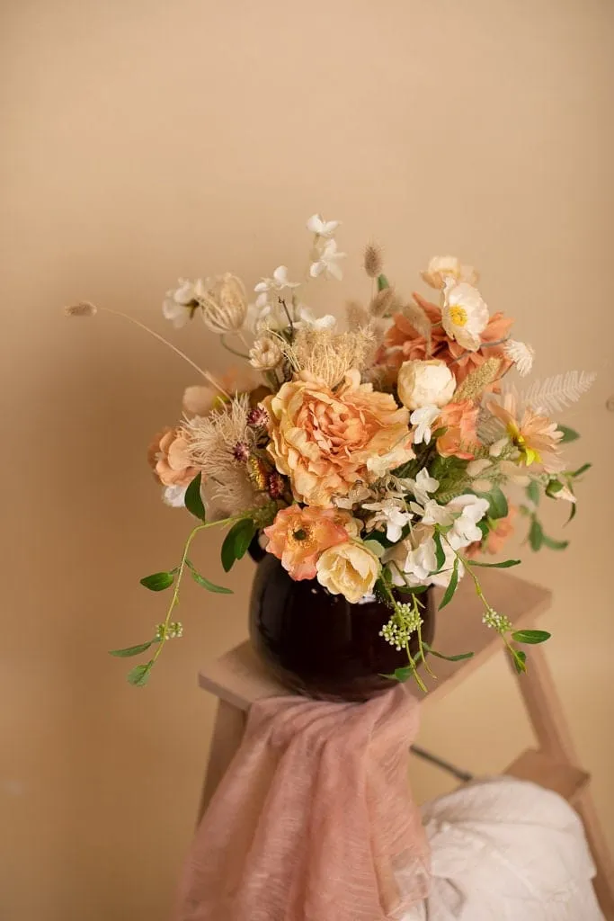 Artifical Flowers Bridal Bouquet - Sunset Peach & White