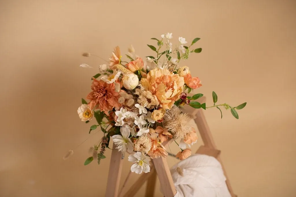 Artifical Flowers Bridal Bouquet - Sunset Peach & White