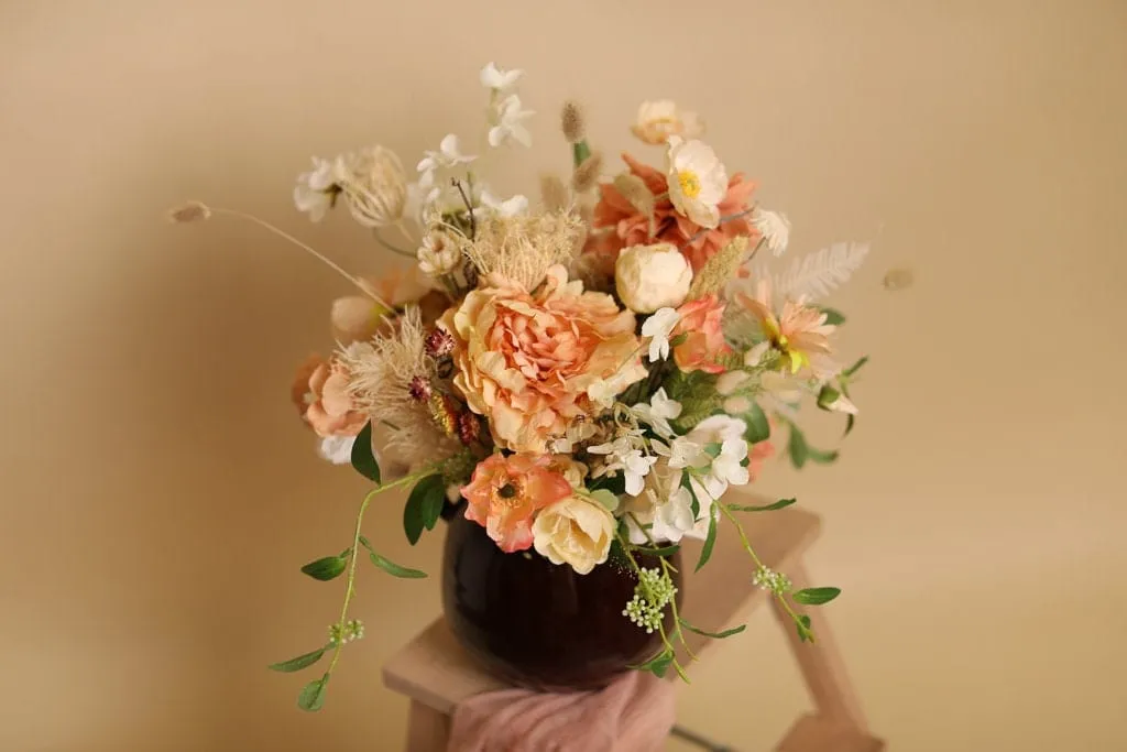 Artifical Flowers Bridal Bouquet - Sunset Peach & White