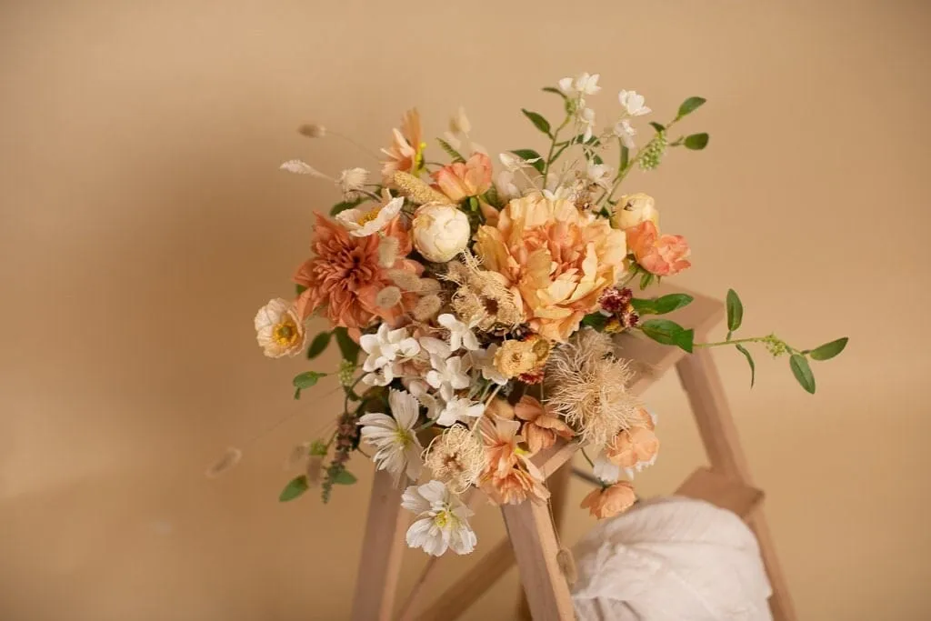 Artifical Flowers Bridal Bouquet - Sunset Peach & White