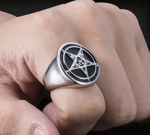 Baphomet Goat Pentagram Ring w/ Black Enamel