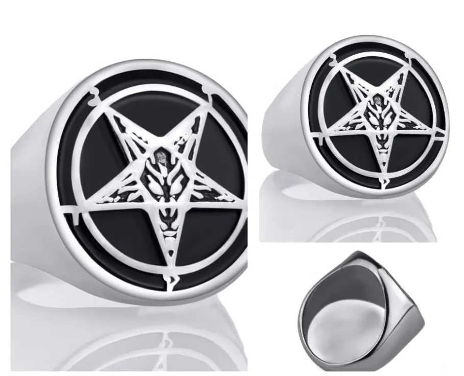 Baphomet Goat Pentagram Ring w/ Black Enamel