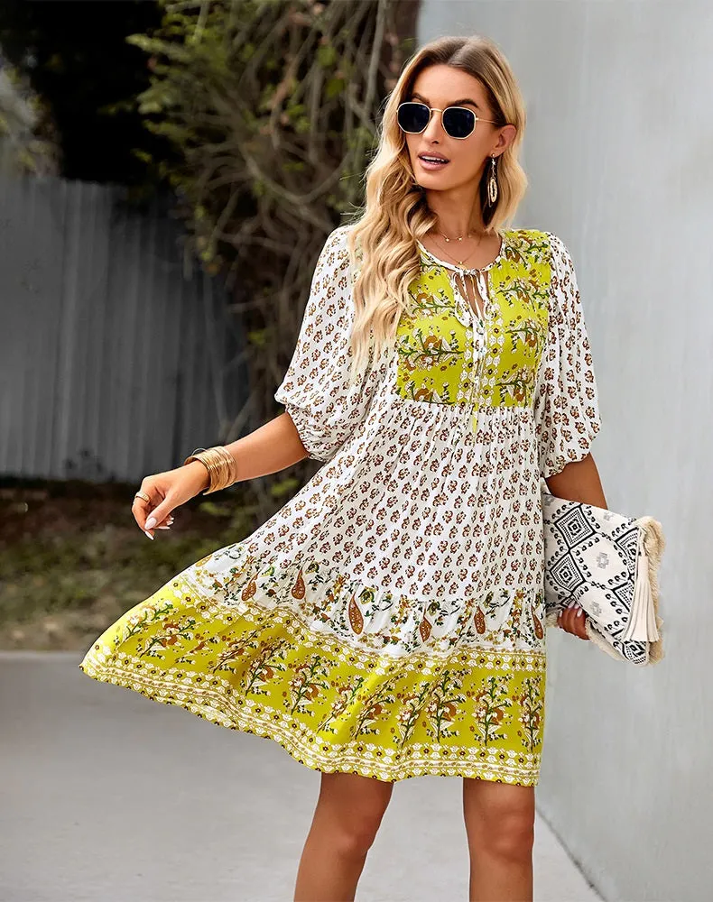 Bohemian Mustard Yellow Floral Print Puffed Sleeve Dress (Size S to XL) available in 3 colors