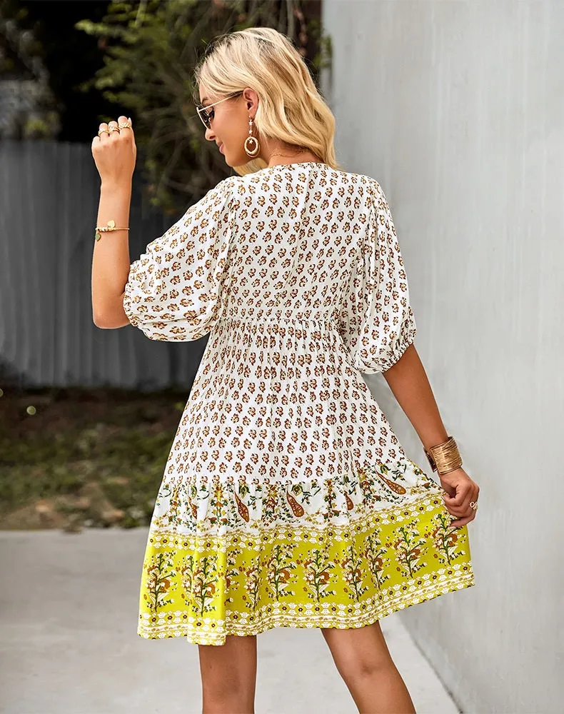 Bohemian Mustard Yellow Floral Print Puffed Sleeve Dress (Size S to XL) available in 3 colors