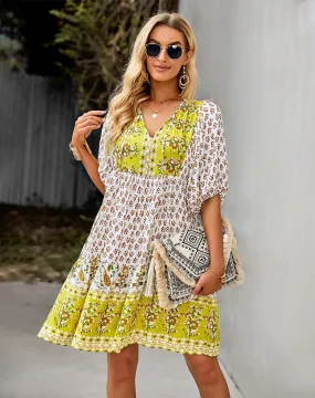 Bohemian Mustard Yellow Floral Print Puffed Sleeve Dress (Size S to XL) available in 3 colors