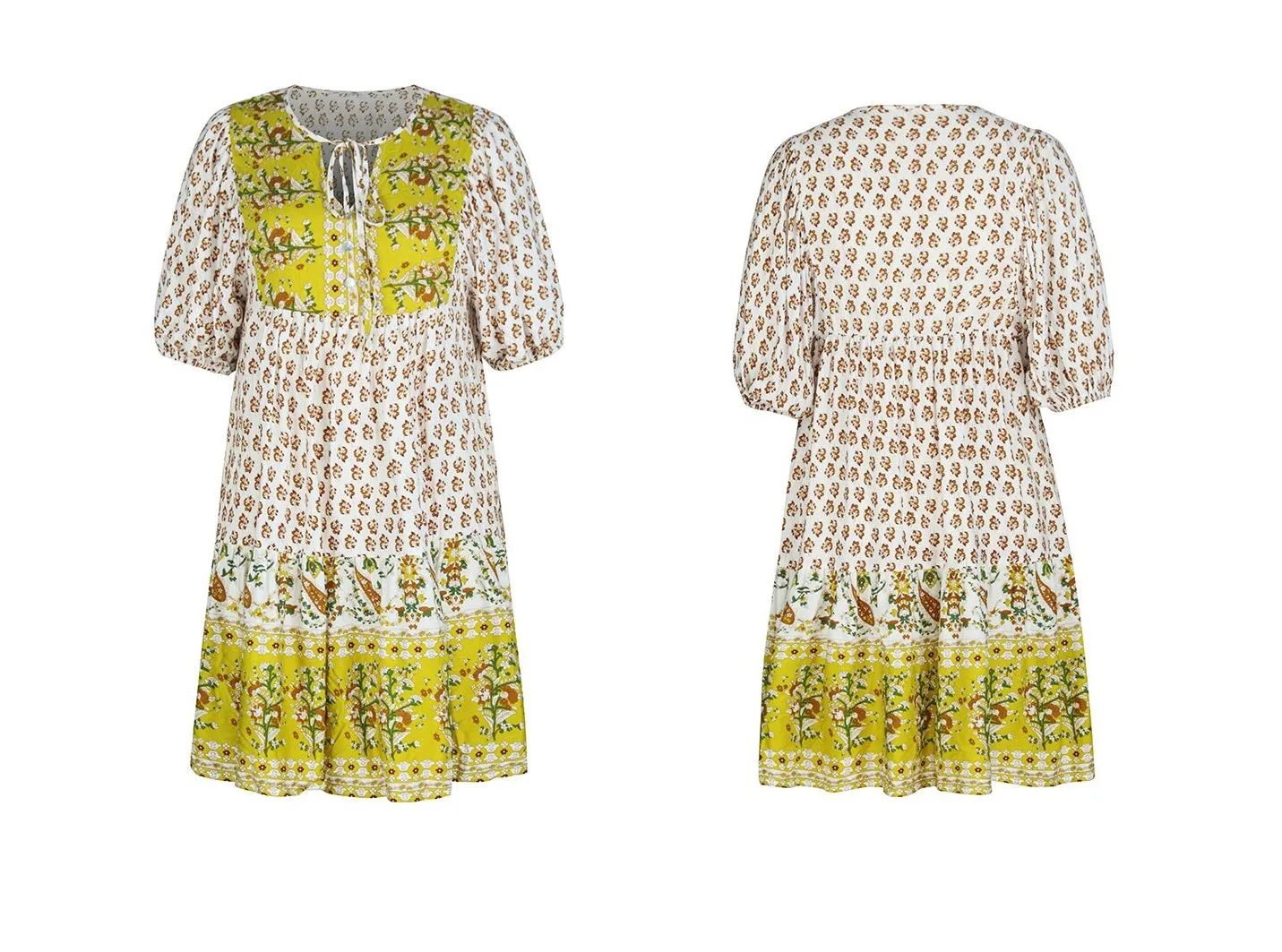 Bohemian Mustard Yellow Floral Print Puffed Sleeve Dress (Size S to XL) available in 3 colors