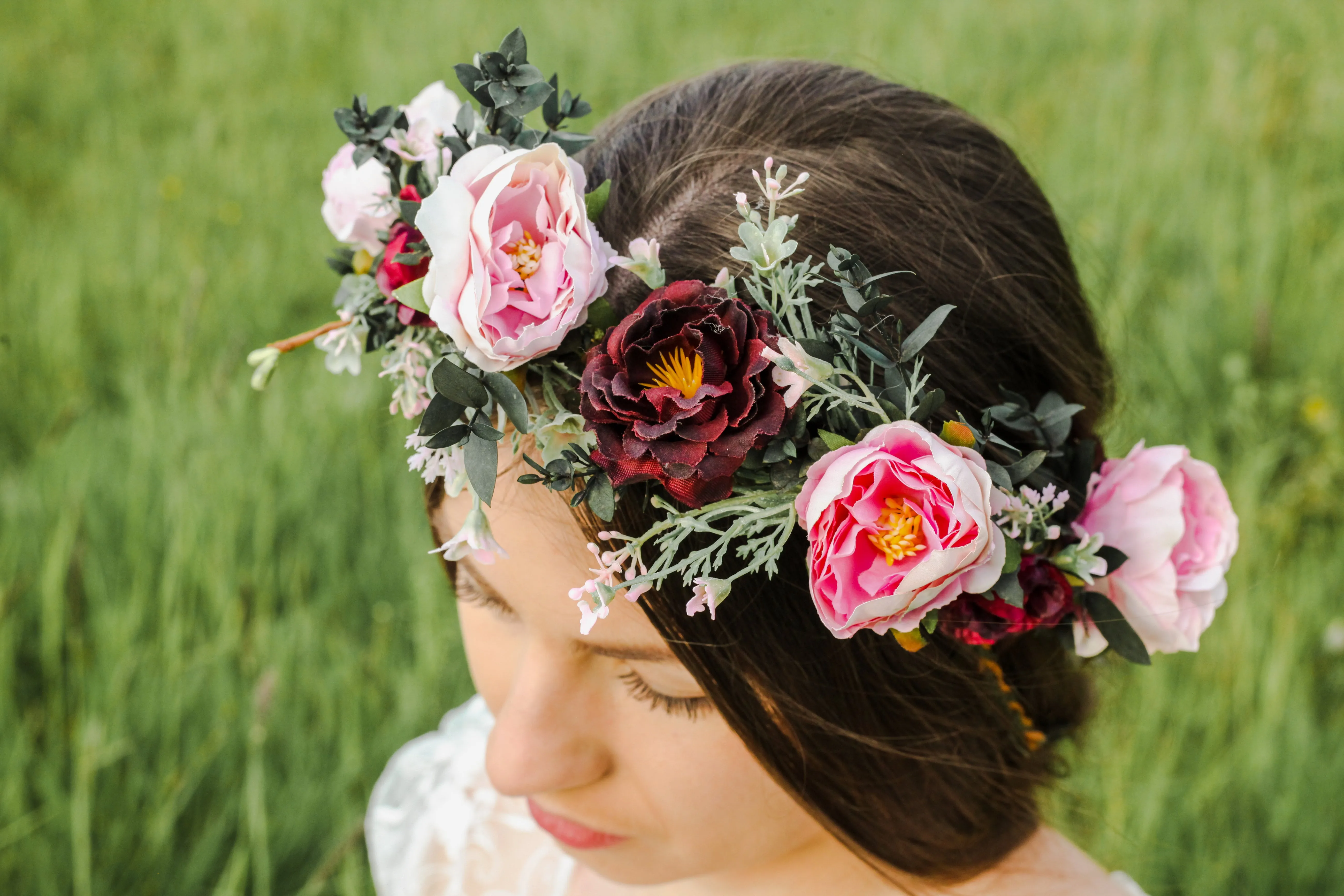 Boho flower hair wreath with braids Blush and burgundy hair crown with hanging vines Big boho wreath Romantic crown Peony Magaela