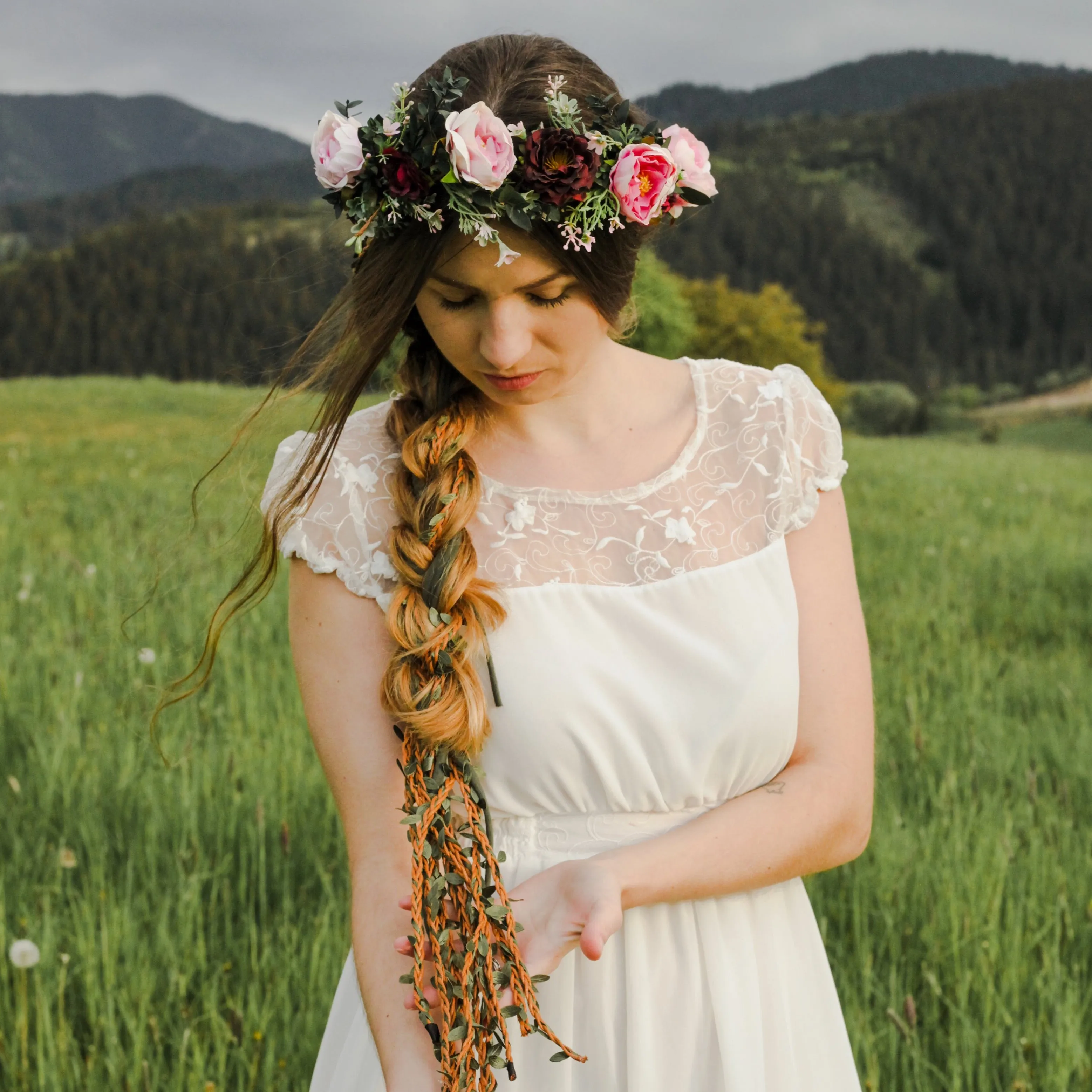 Boho flower hair wreath with braids Blush and burgundy hair crown with hanging vines Big boho wreath Romantic crown Peony Magaela