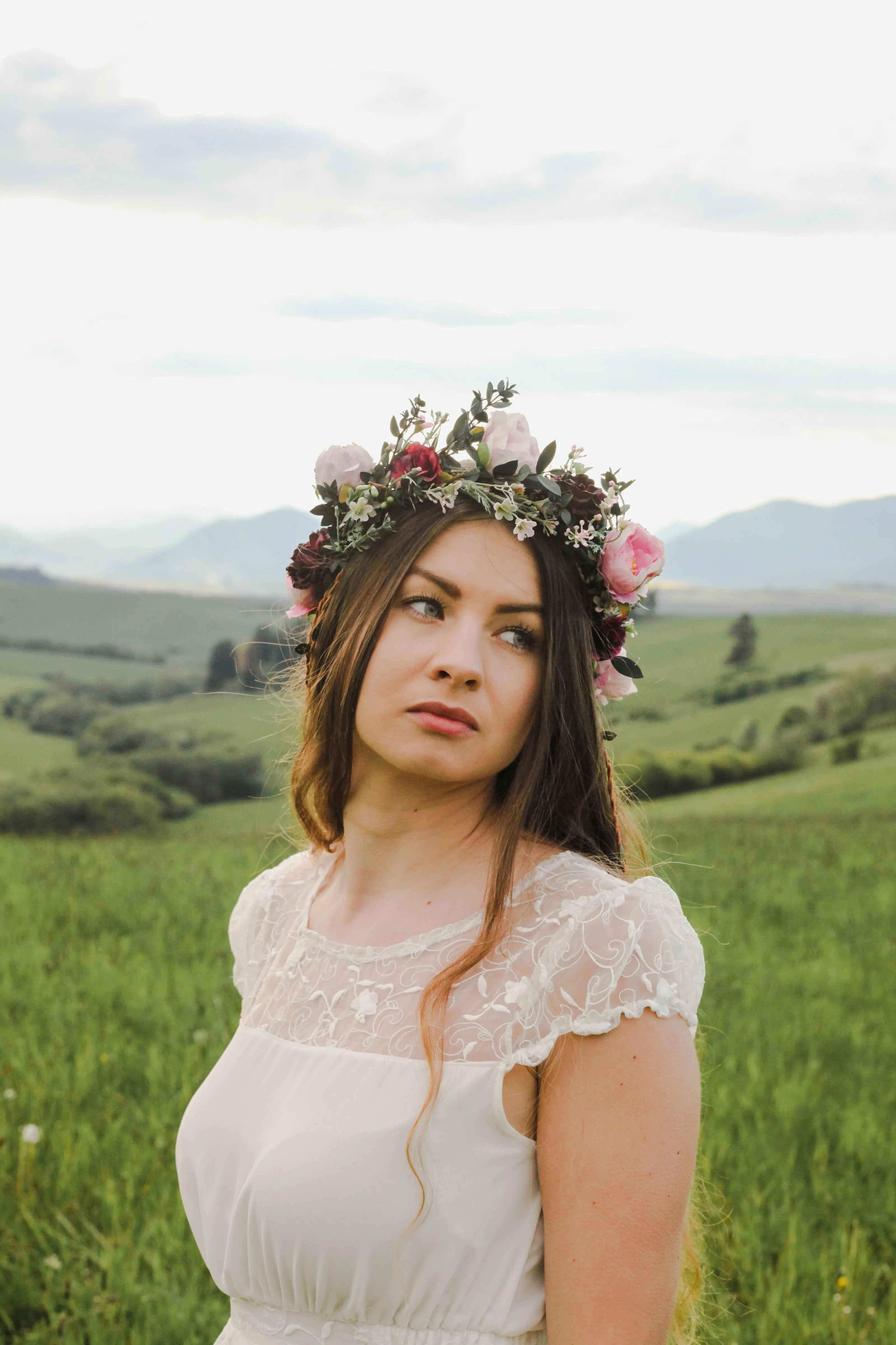 Boho flower hair wreath with braids Blush and burgundy hair crown with hanging vines Big boho wreath Romantic crown Peony Magaela