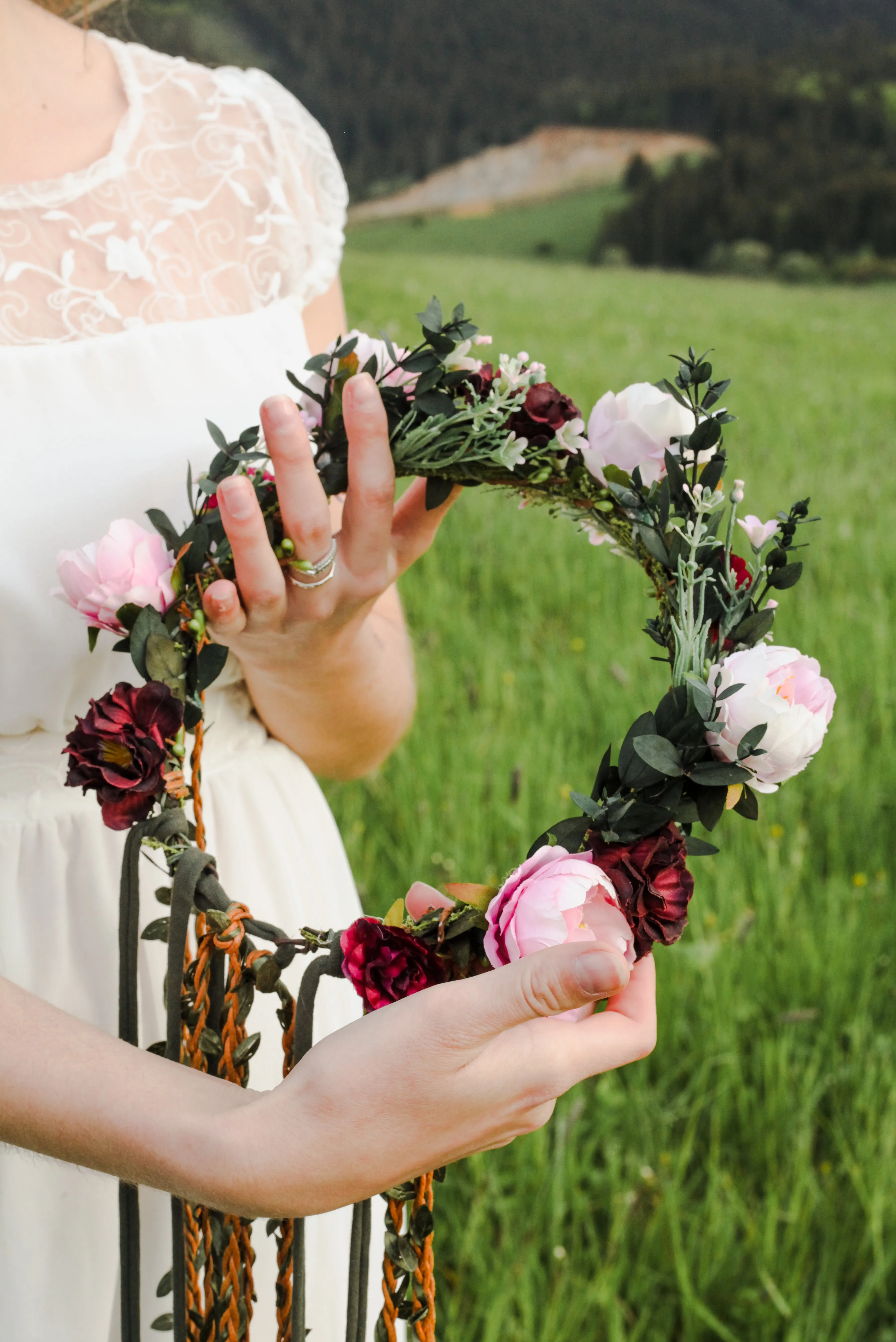 Boho flower hair wreath with braids Blush and burgundy hair crown with hanging vines Big boho wreath Romantic crown Peony Magaela