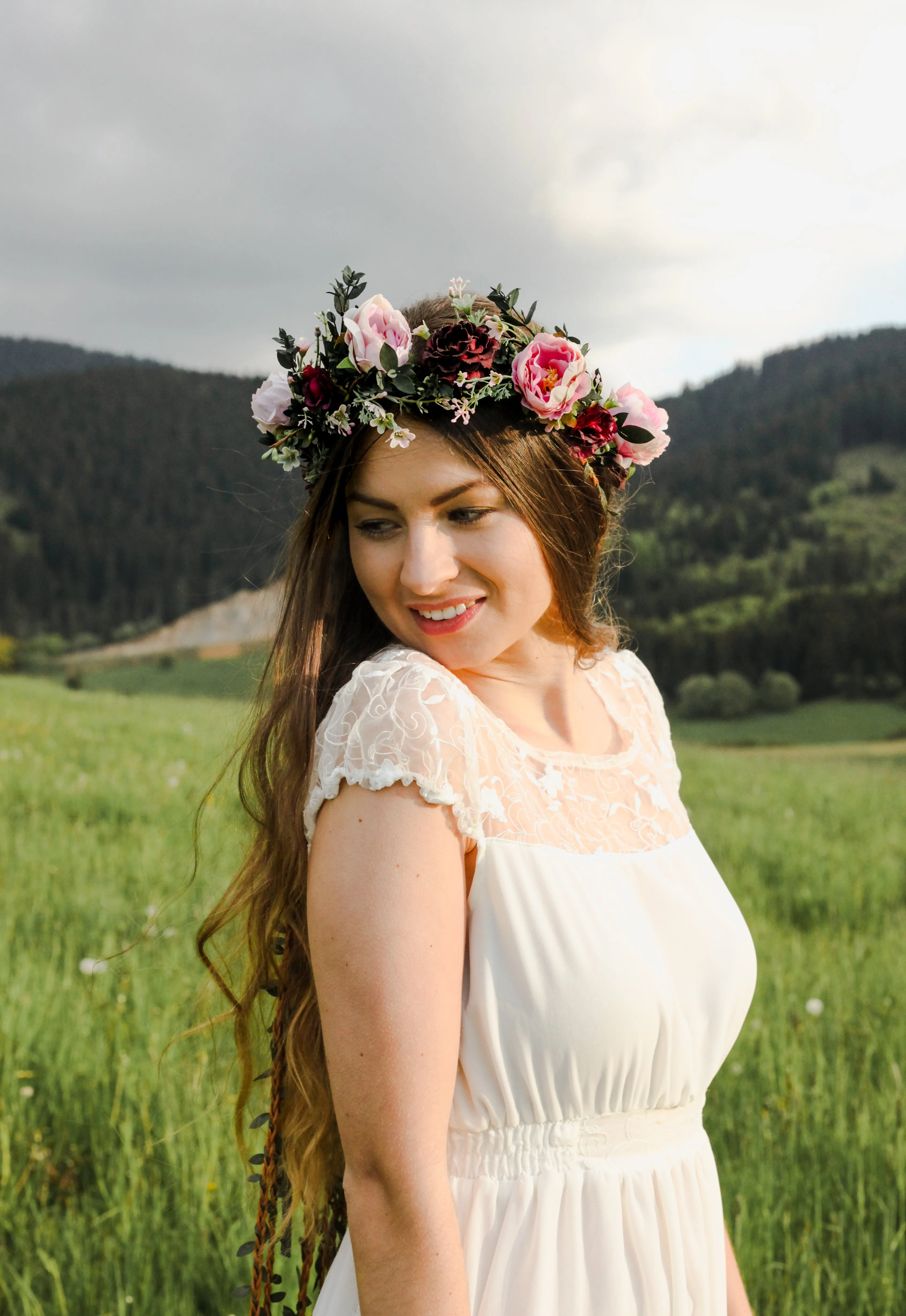 Boho flower hair wreath with braids Blush and burgundy hair crown with hanging vines Big boho wreath Romantic crown Peony Magaela