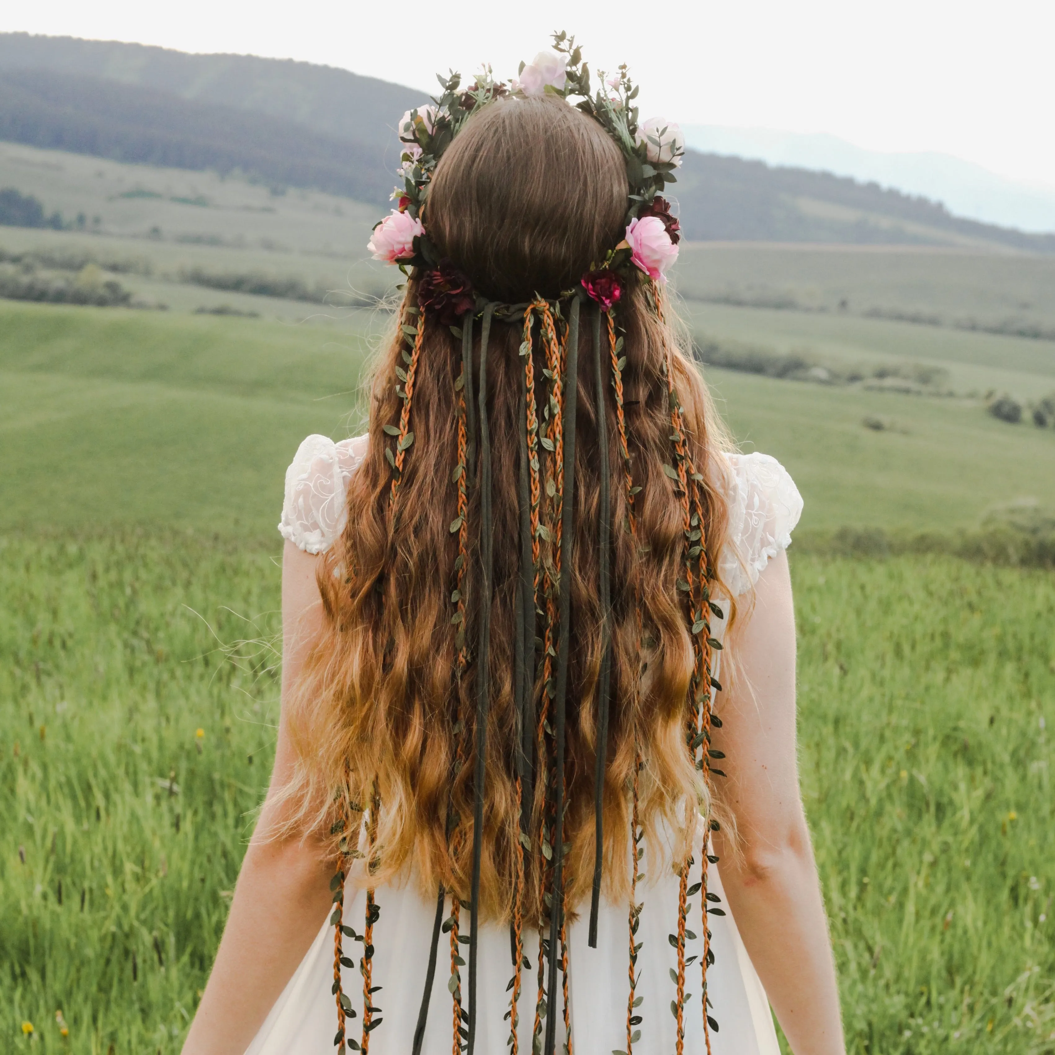 Boho flower hair wreath with braids Blush and burgundy hair crown with hanging vines Big boho wreath Romantic crown Peony Magaela