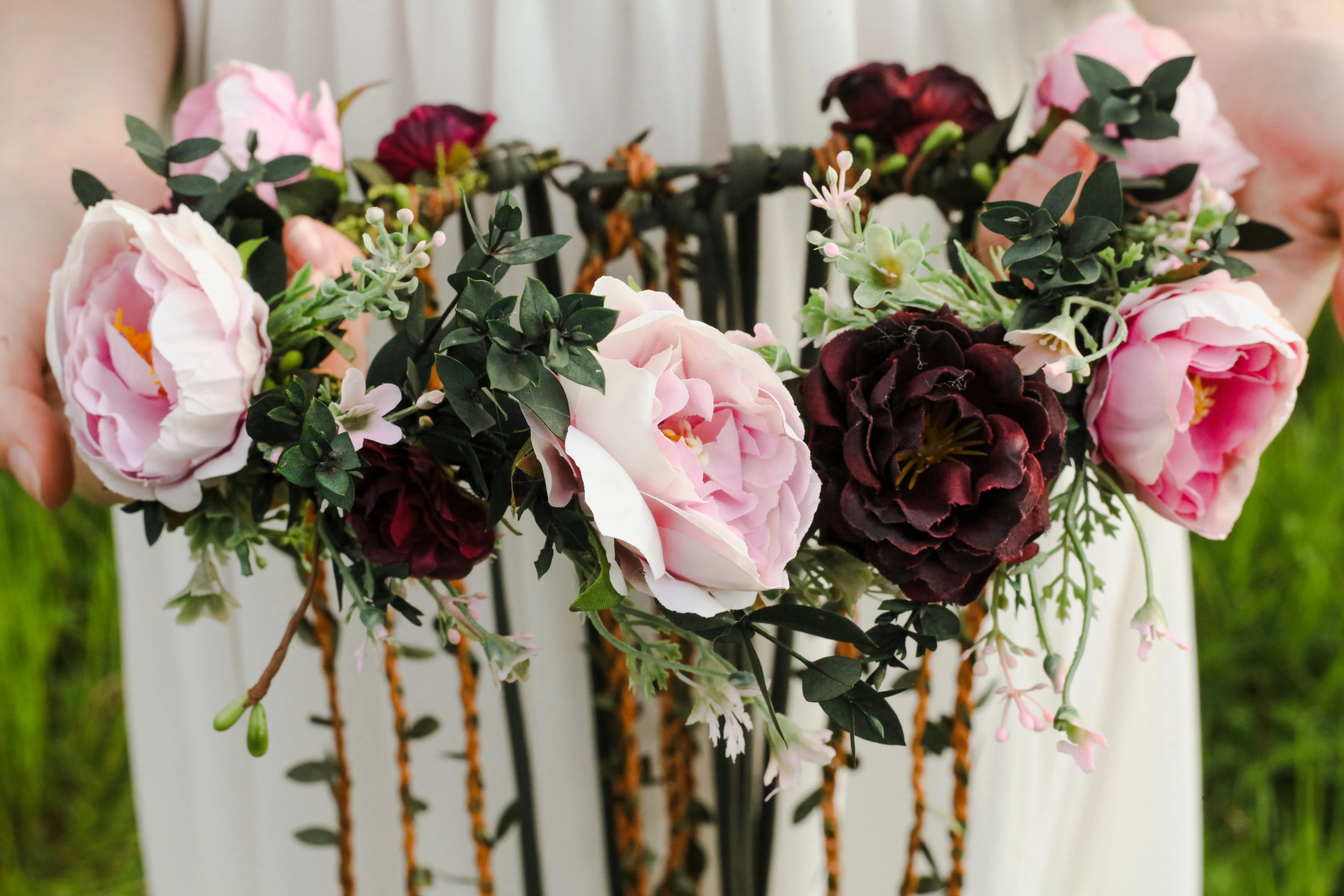 Boho flower hair wreath with braids Blush and burgundy hair crown with hanging vines Big boho wreath Romantic crown Peony Magaela