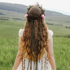 Boho flower hair wreath with braids Blush and burgundy hair crown with hanging vines Big boho wreath Romantic crown Peony Magaela