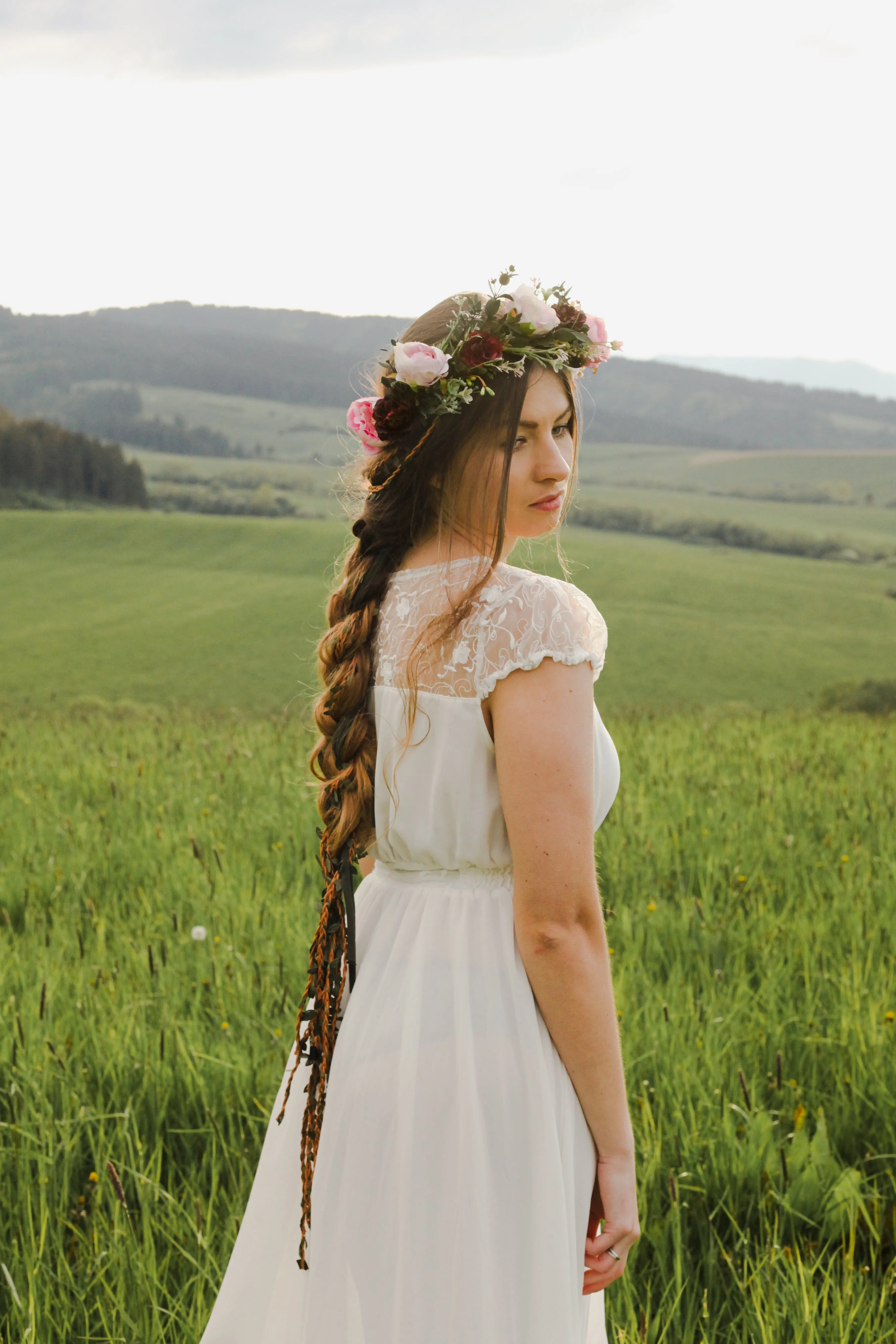 Boho flower hair wreath with braids Blush and burgundy hair crown with hanging vines Big boho wreath Romantic crown Peony Magaela