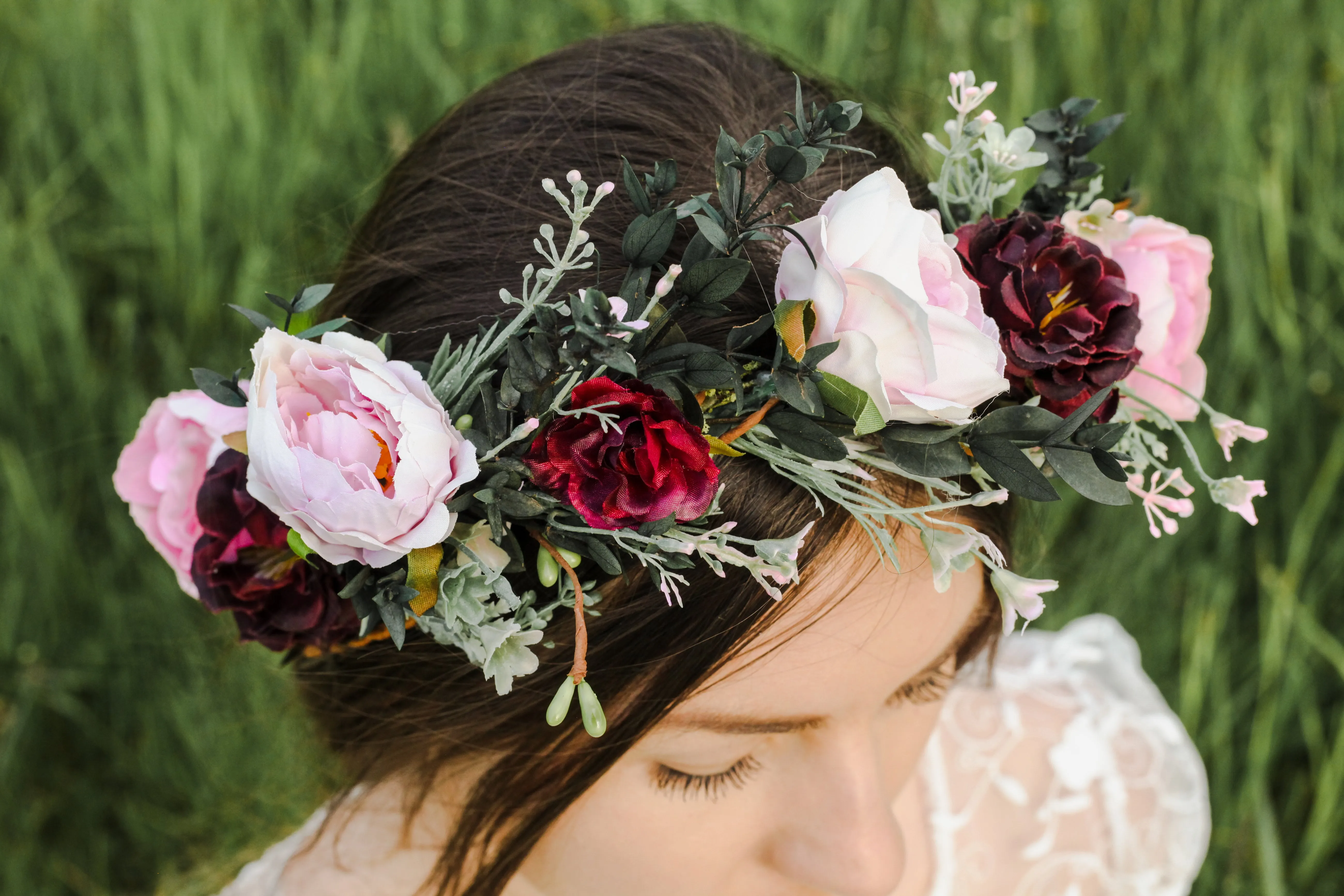 Boho flower hair wreath with braids Blush and burgundy hair crown with hanging vines Big boho wreath Romantic crown Peony Magaela