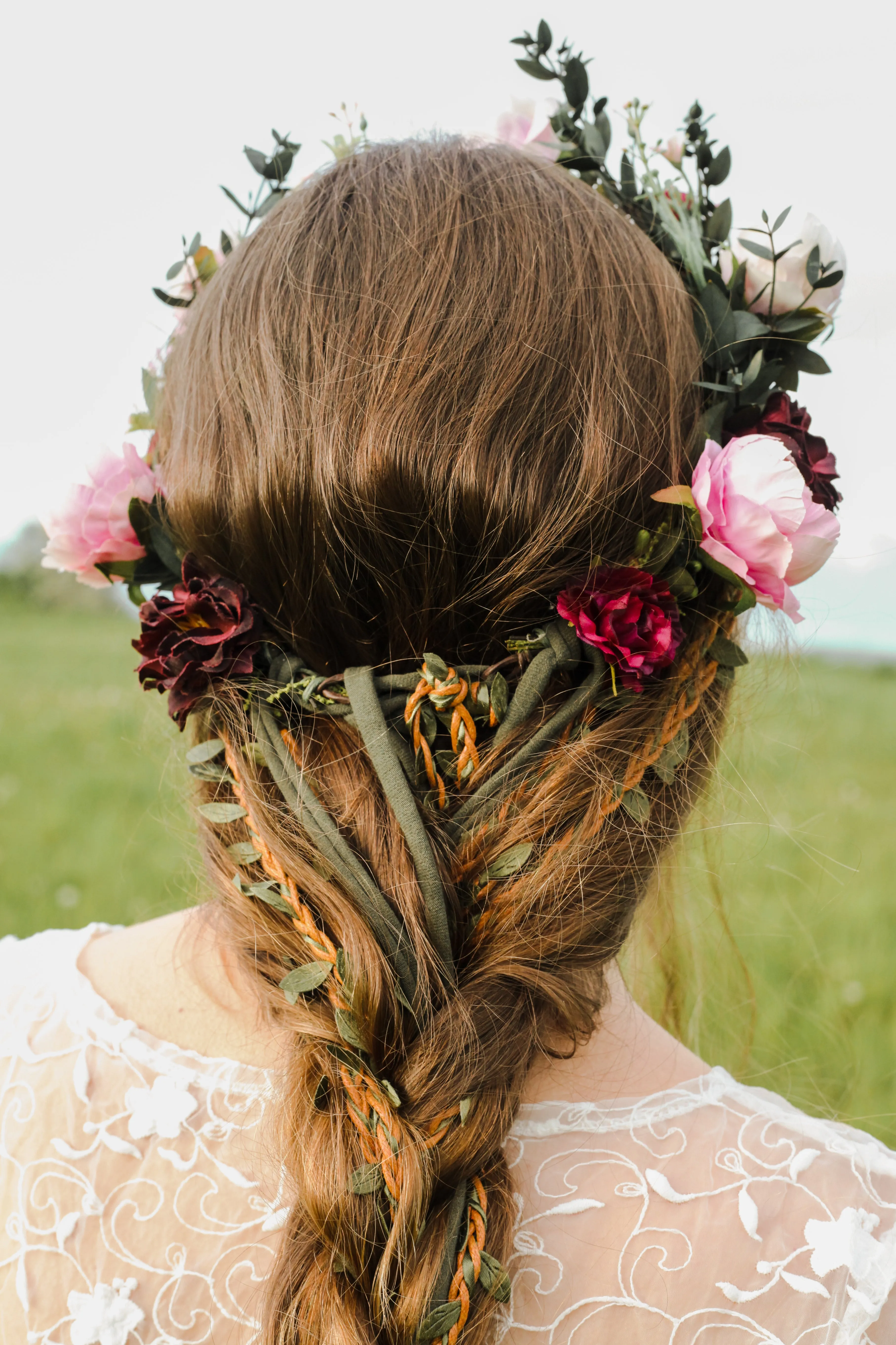 Boho flower hair wreath with braids Blush and burgundy hair crown with hanging vines Big boho wreath Romantic crown Peony Magaela