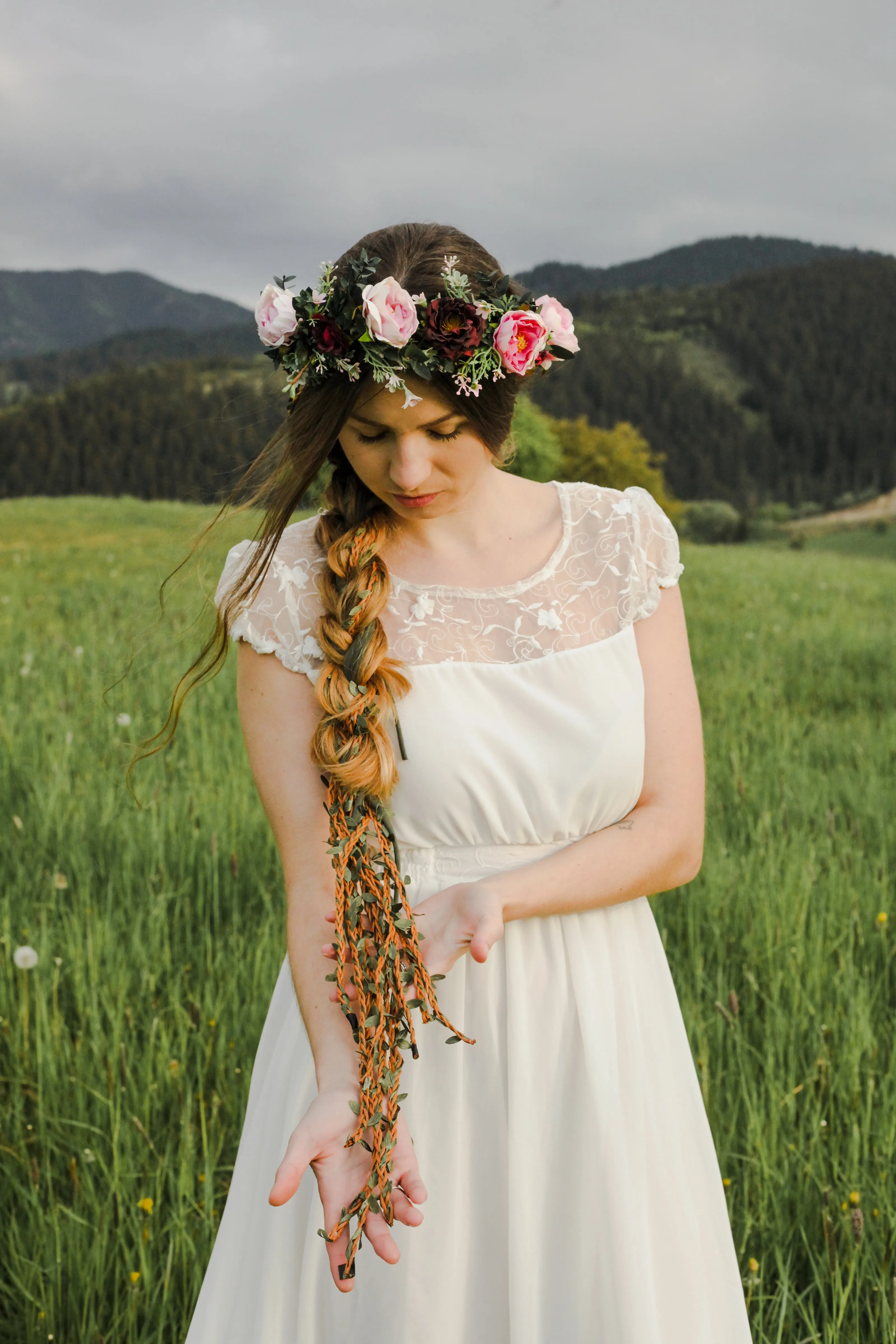 Boho flower hair wreath with braids Blush and burgundy hair crown with hanging vines Big boho wreath Romantic crown Peony Magaela