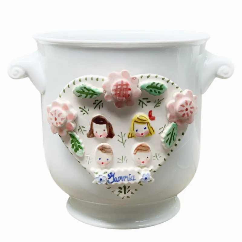 Cache Pot with Children's Faces - Pink Flowers and Heart