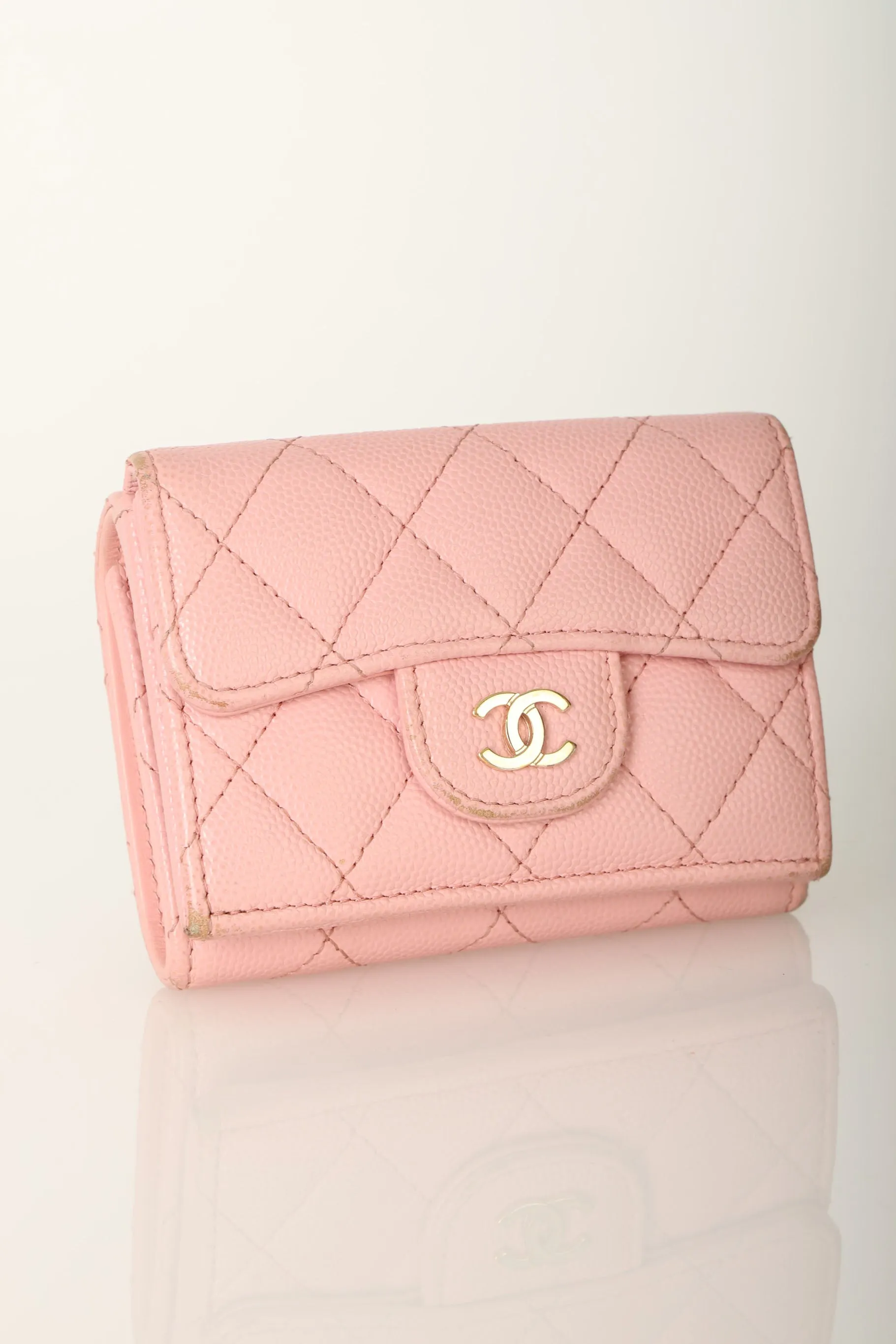 Chanel 2021 Caviar Trifold Wallet w/ Chain