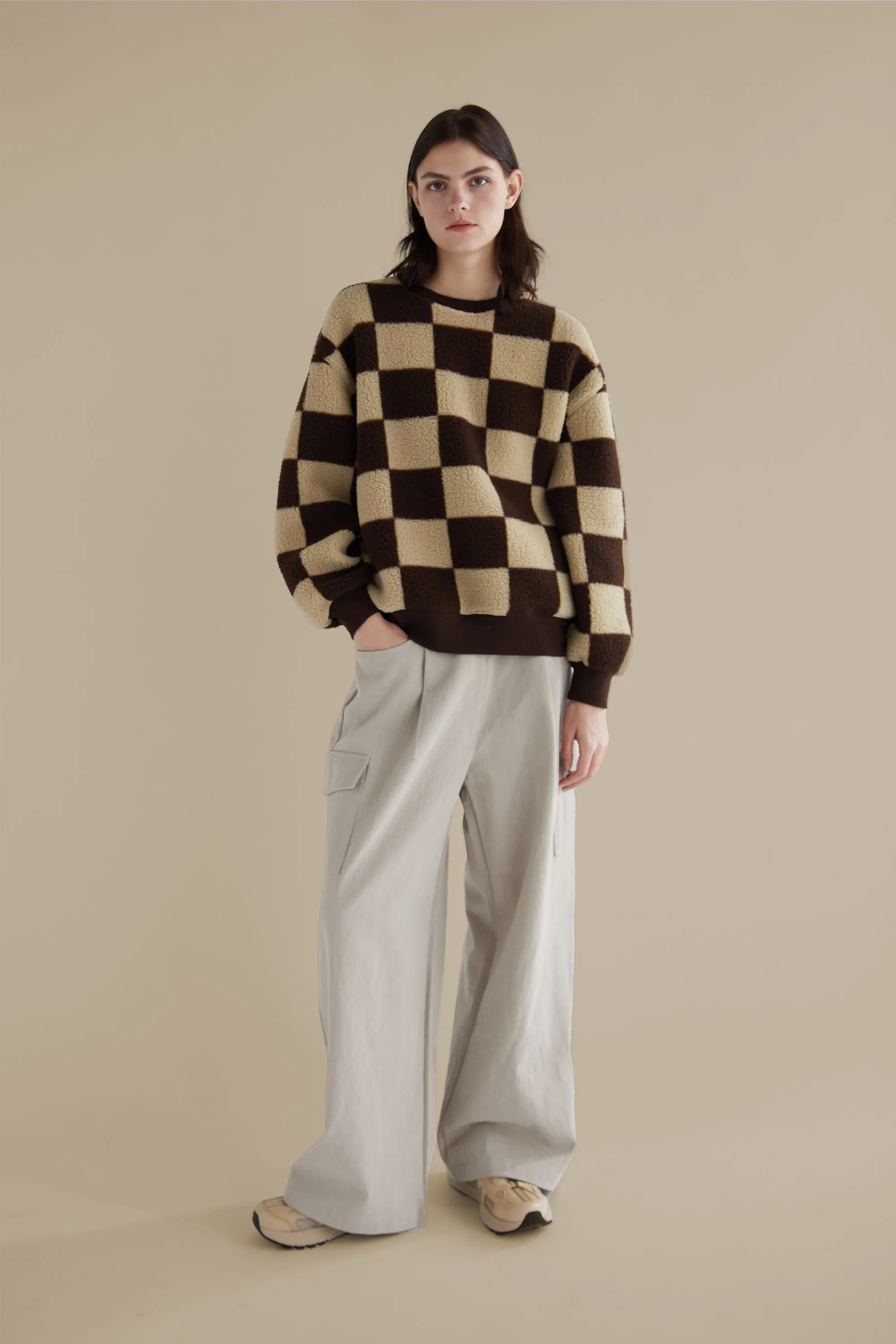 CHECKERED SHERPA CREWNECK SWEATSHIRT