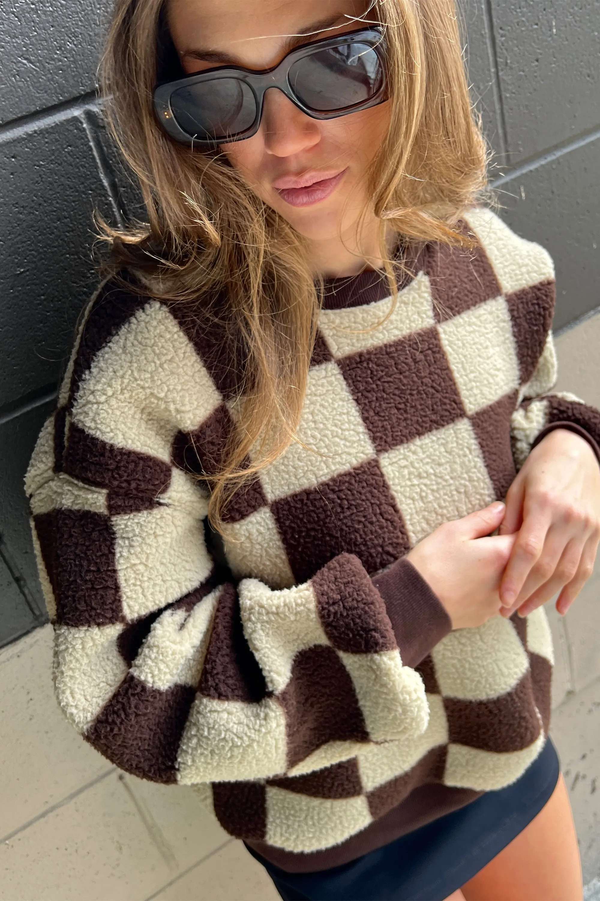 CHECKERED SHERPA CREWNECK SWEATSHIRT