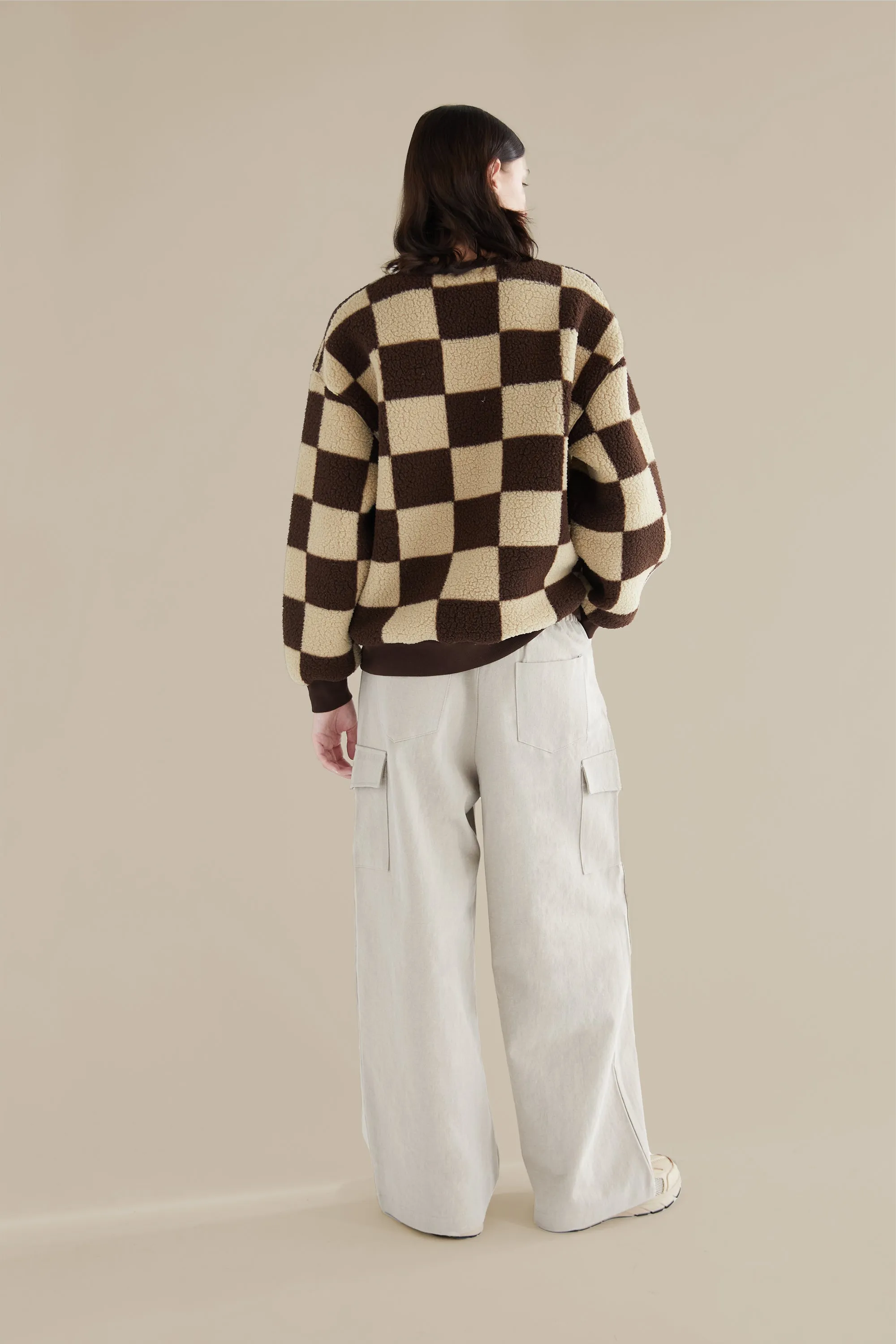 CHECKERED SHERPA CREWNECK SWEATSHIRT