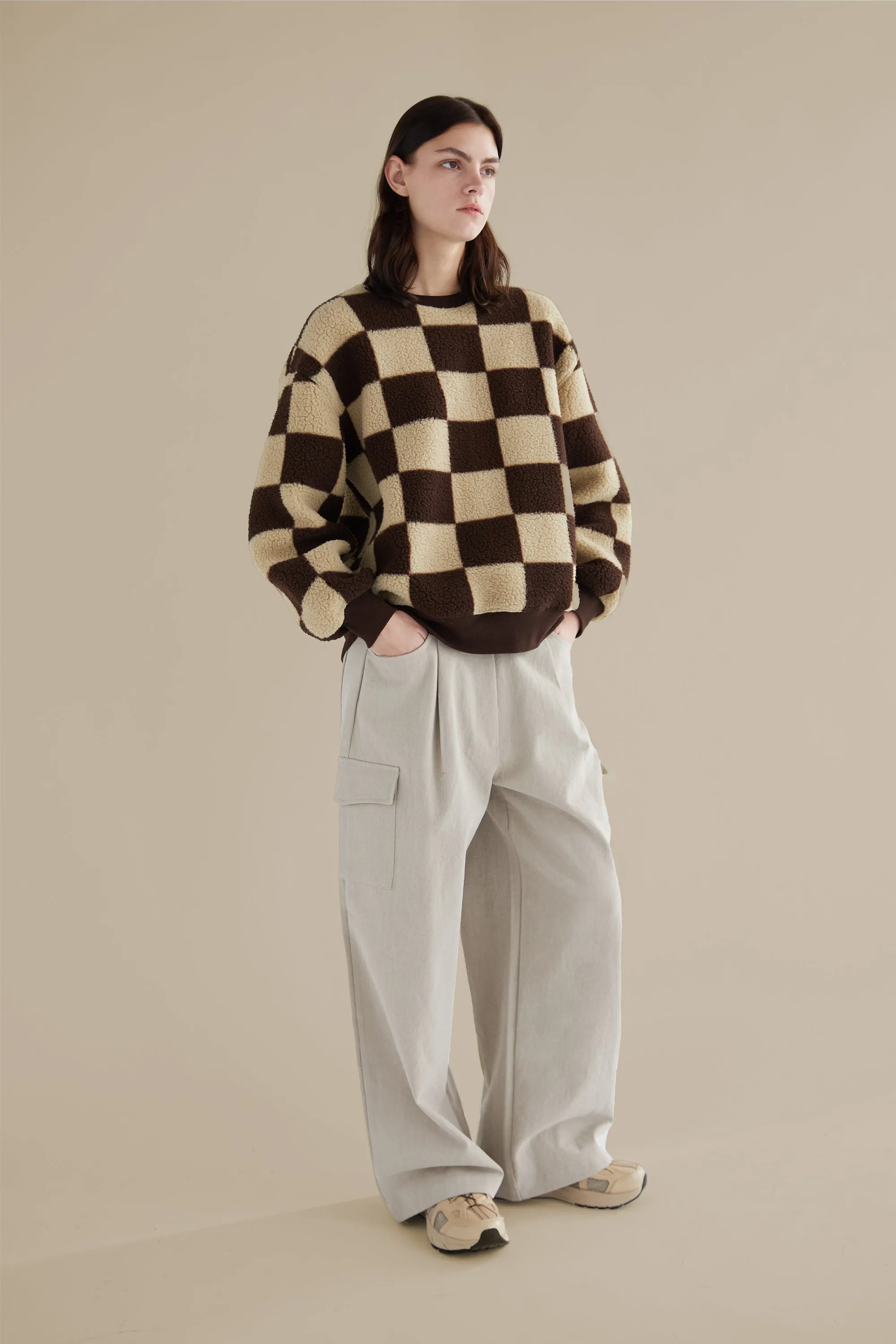 CHECKERED SHERPA CREWNECK SWEATSHIRT