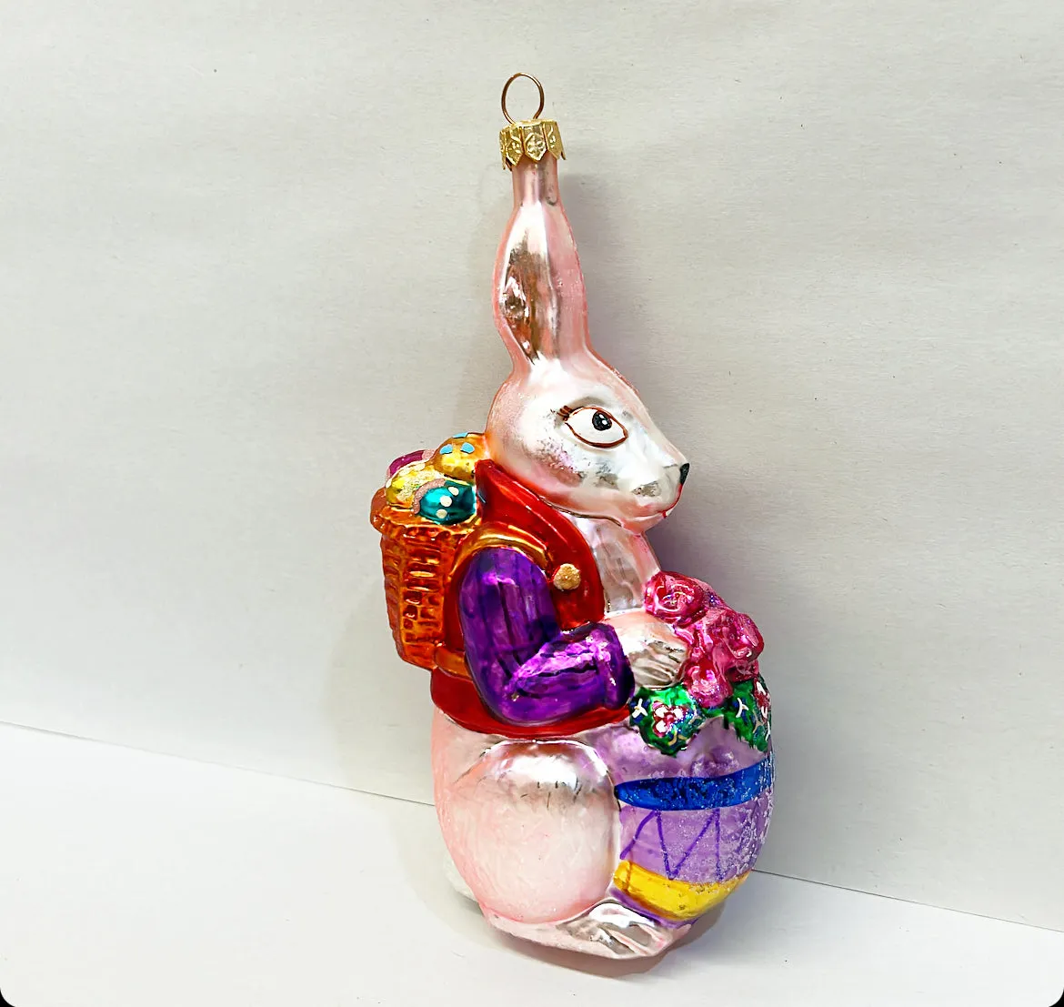 Classic vintage Christoper Radko pink hand blown glass Easter bunny