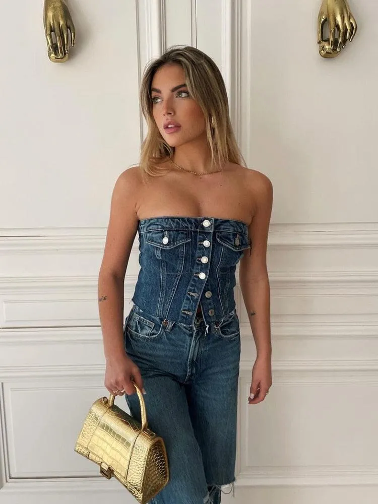 Cowgirl Button Up Denim Tube Top