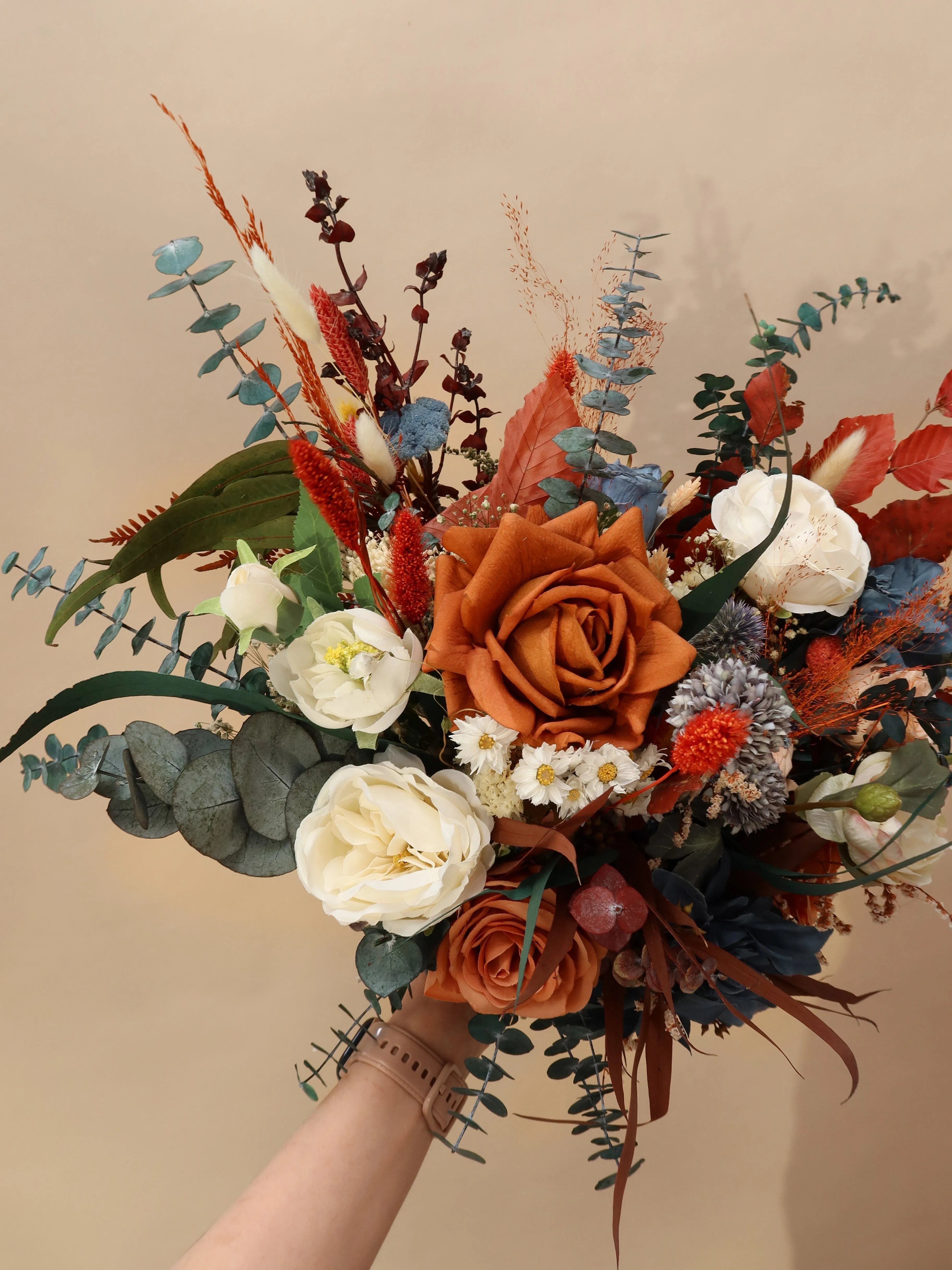 Dried and Artificial Flowers Bridal Bouquet - Terracotta & Red