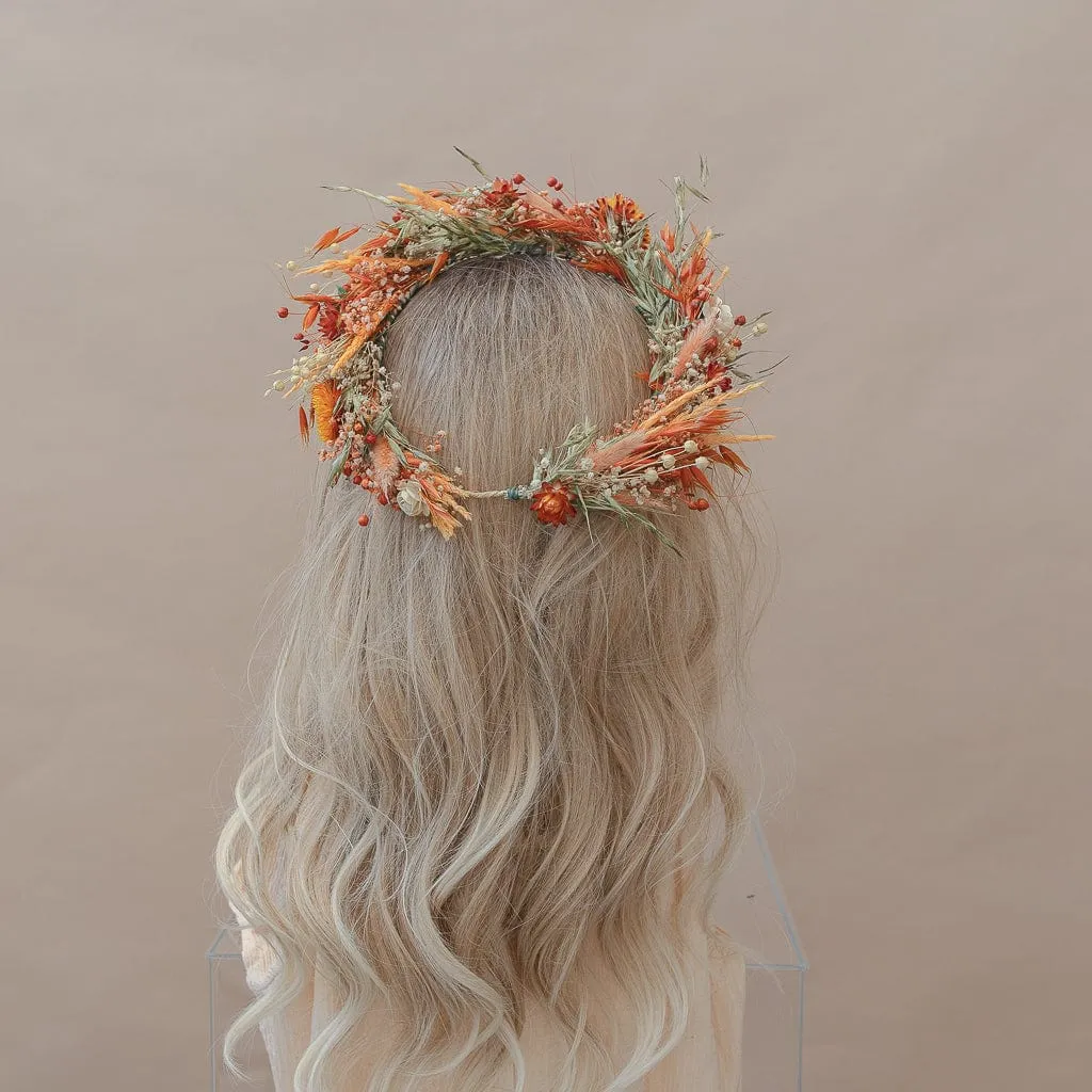 Dried Flowers Bridal Crown - Pastel Orange & Green