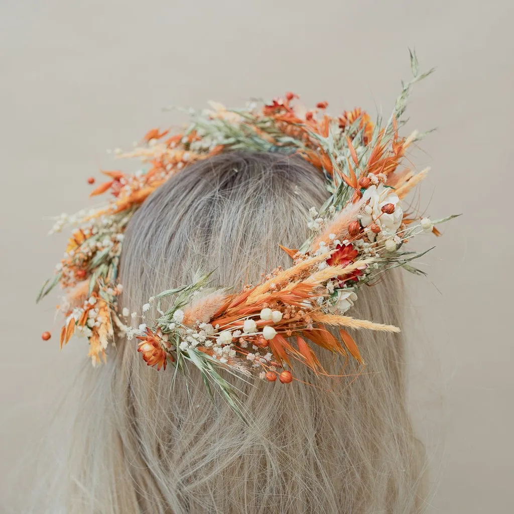 Dried Flowers Bridal Crown - Pastel Orange & Green