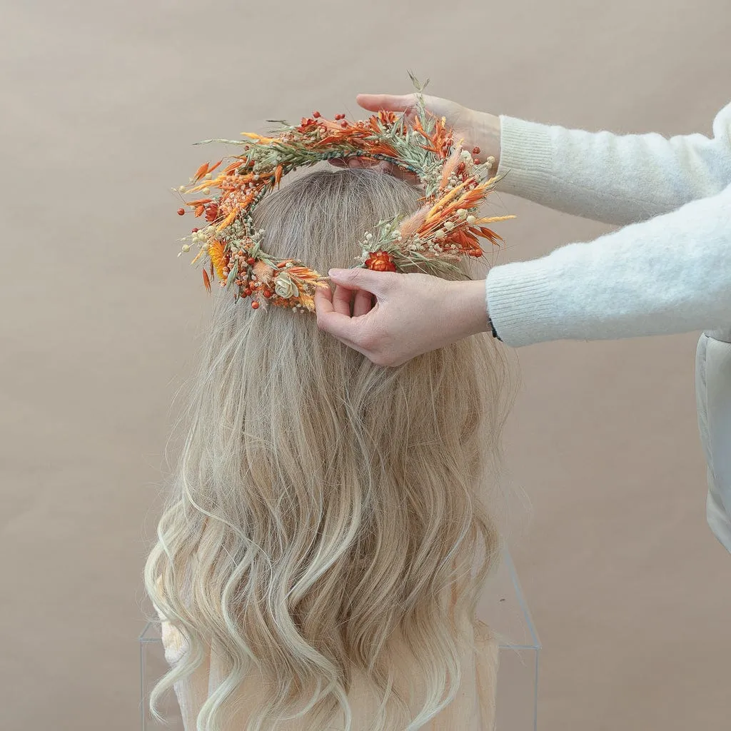 Dried Flowers Bridal Crown - Pastel Orange & Green