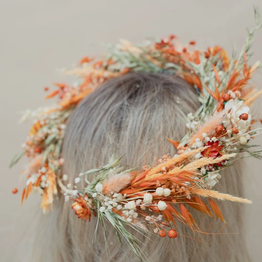 Dried Flowers Bridal Crown - Pastel Orange & Green