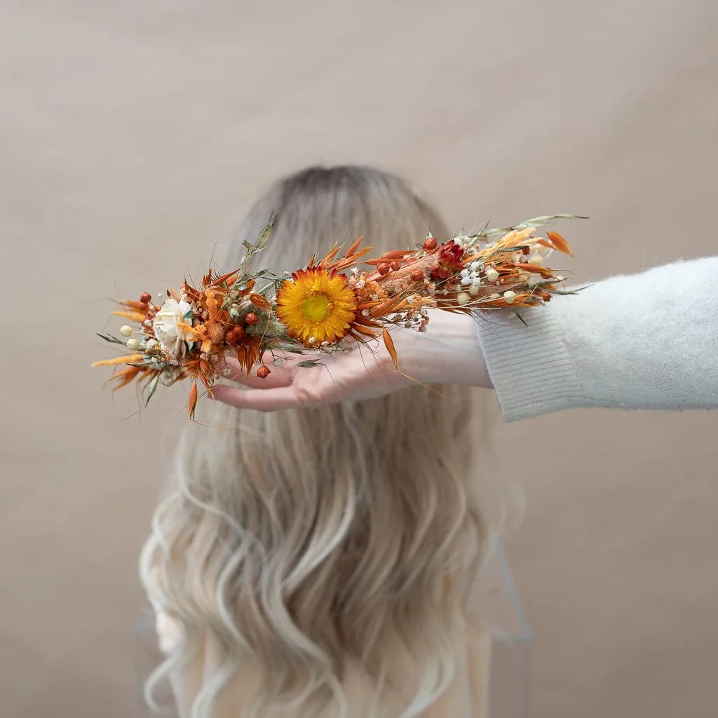 Dried Flowers Bridal Crown - Pastel Orange & Green