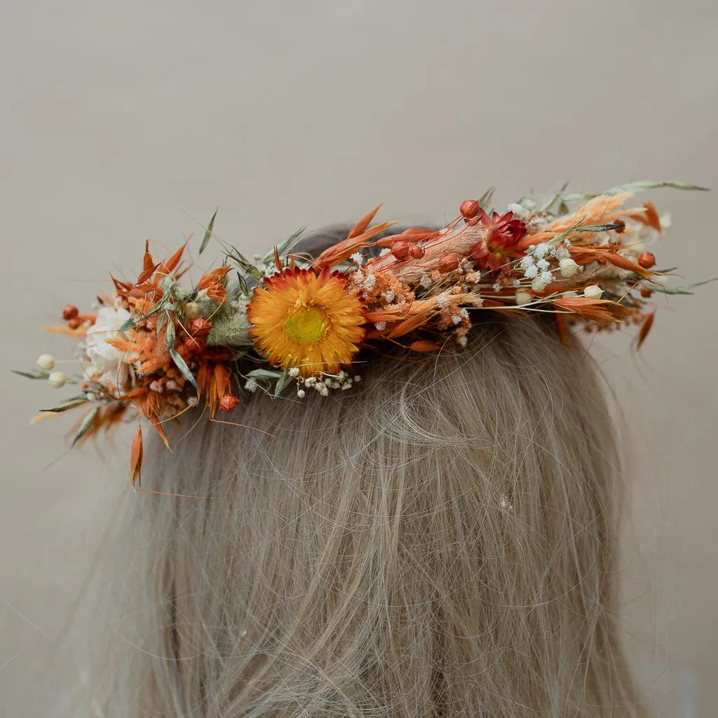 Dried Flowers Bridal Crown - Pastel Orange & Green