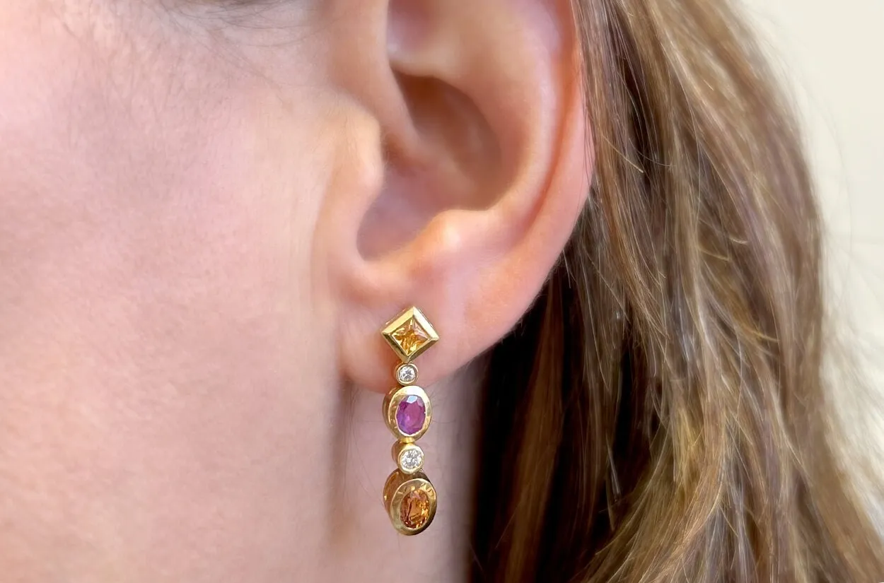 Earrings 18kt Gold Orange & Pink Sapphires with Diamonds