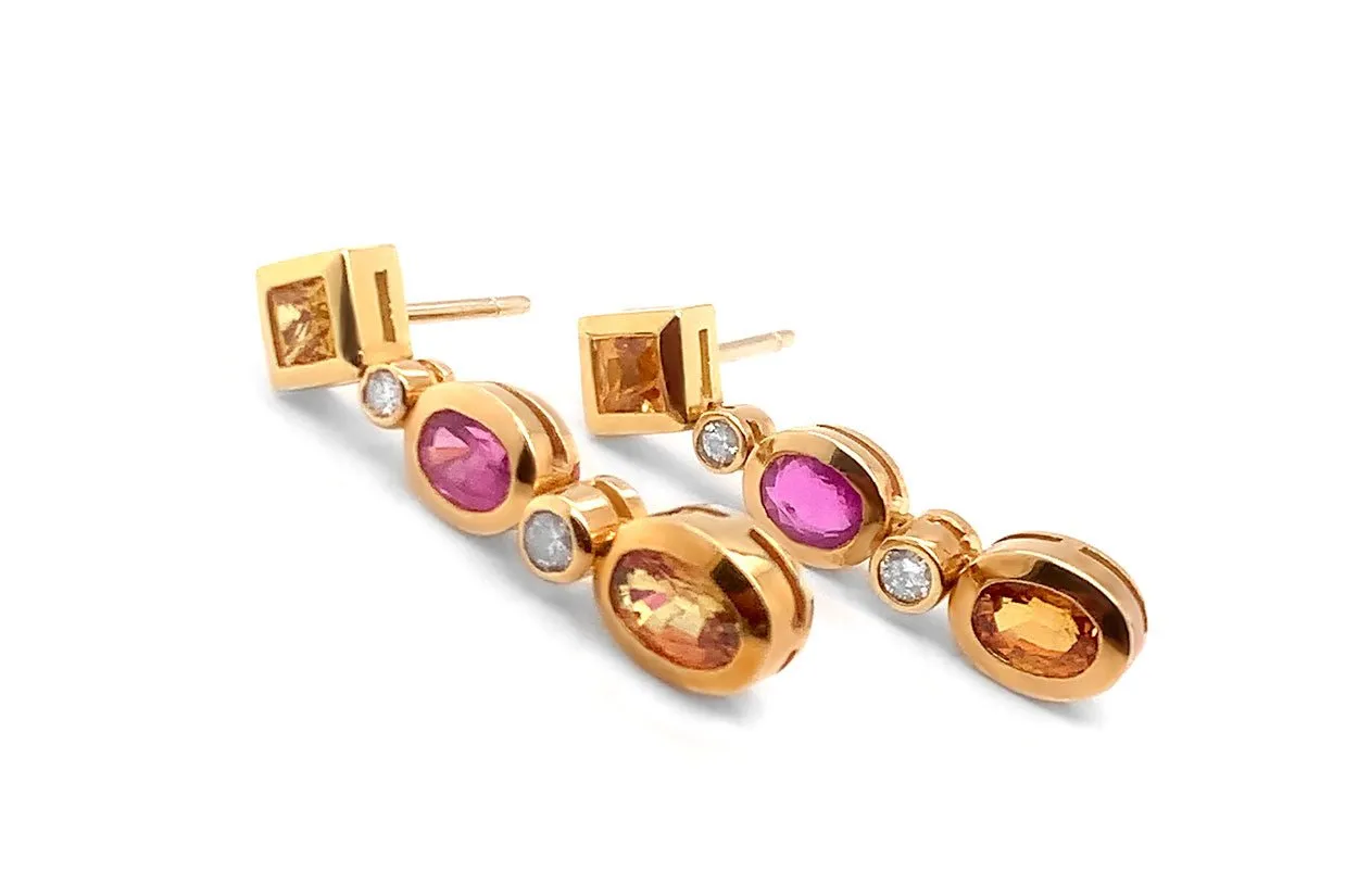 Earrings 18kt Gold Orange & Pink Sapphires with Diamonds