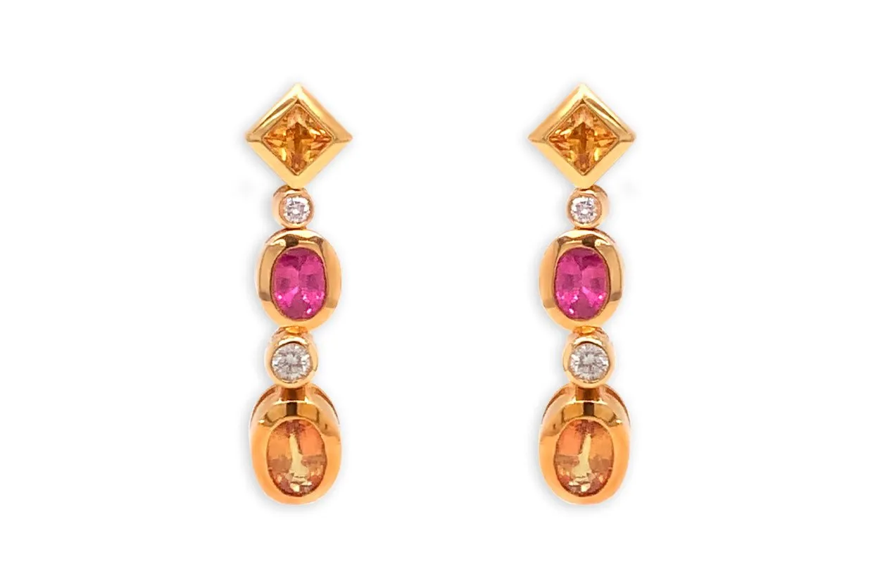 Earrings 18kt Gold Orange & Pink Sapphires with Diamonds