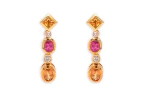 Earrings 18kt Gold Orange & Pink Sapphires with Diamonds