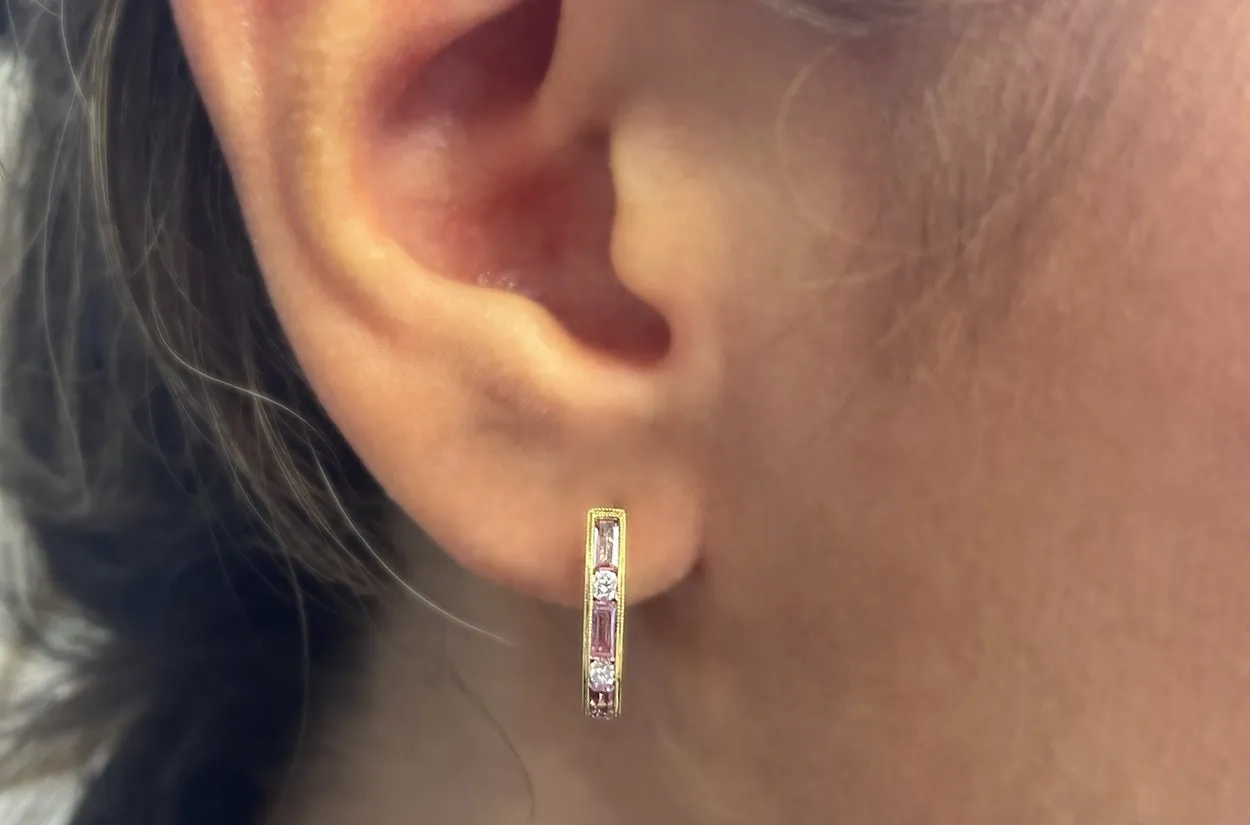 Earrings 18kt Gold Pink Sapphires & Diamonds Huggies