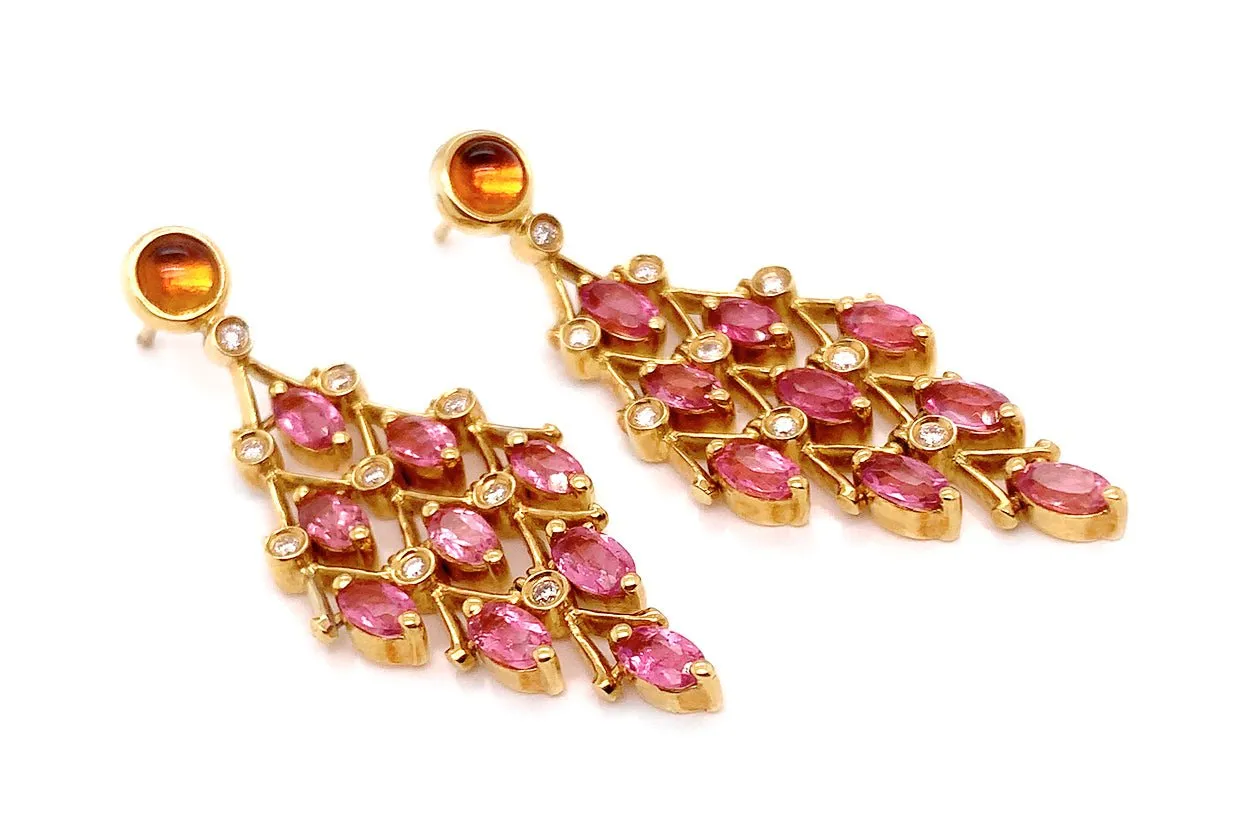 Earrings Orange & Pink Sapphire Chandelier with Diamonds