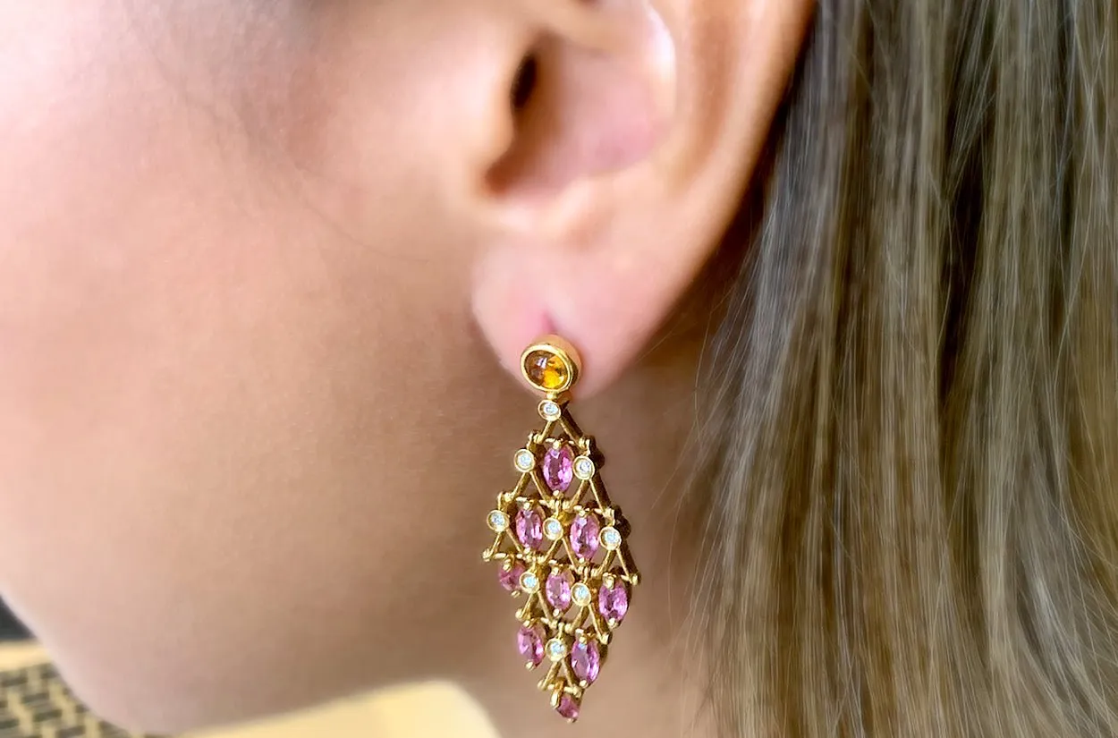 Earrings Orange & Pink Sapphire Chandelier with Diamonds