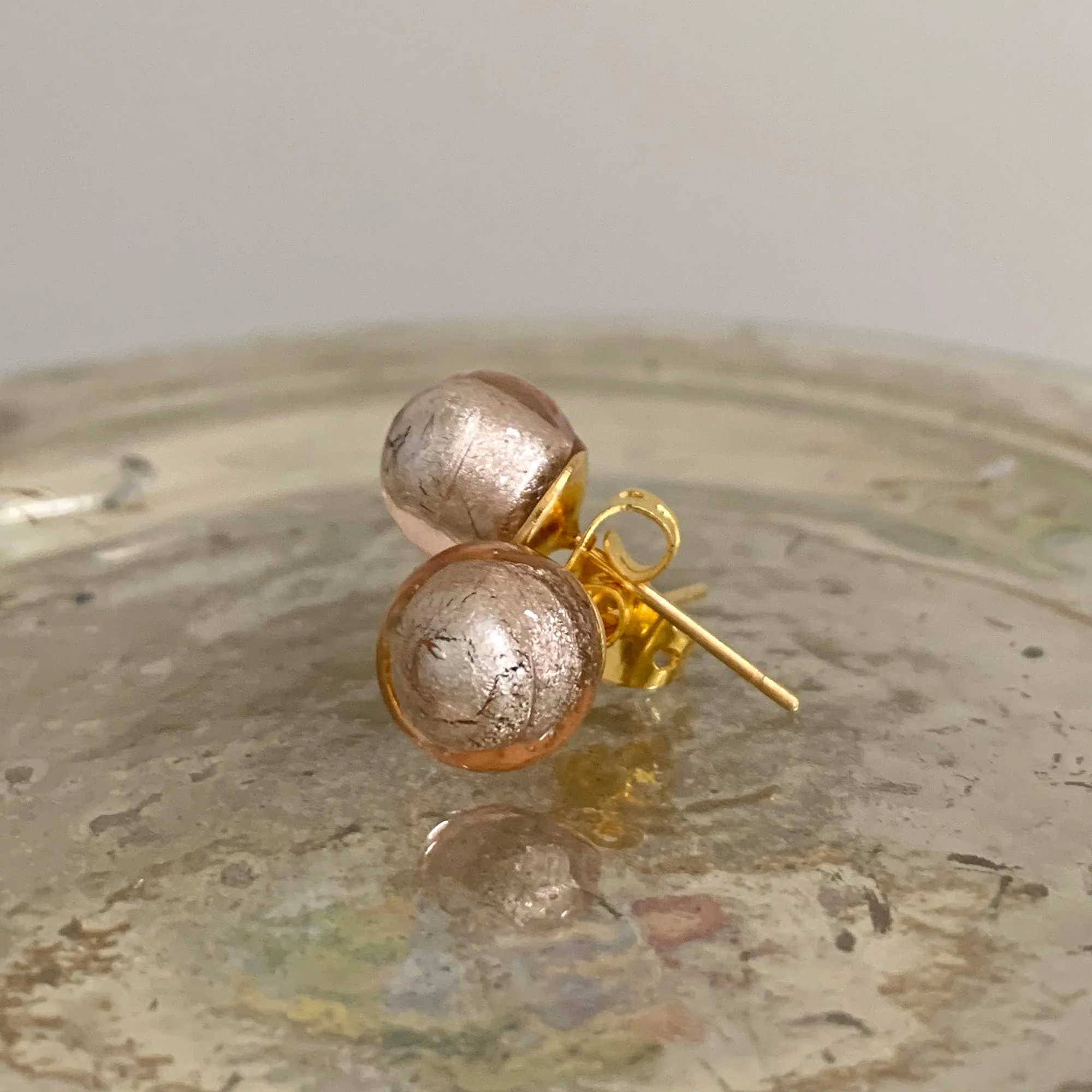 Earrings with champagne (peach, pink) Murano glass sphere studs on 24ct gold plated posts