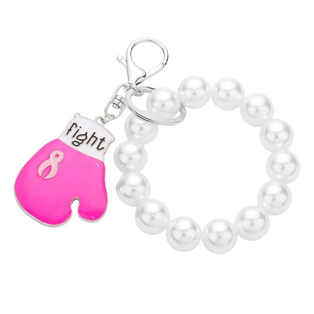 Fight Pink Ribbon Glove Pearl Stretch Keychain Bracelet