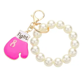 Fight Pink Ribbon Glove Pearl Stretch Keychain Bracelet